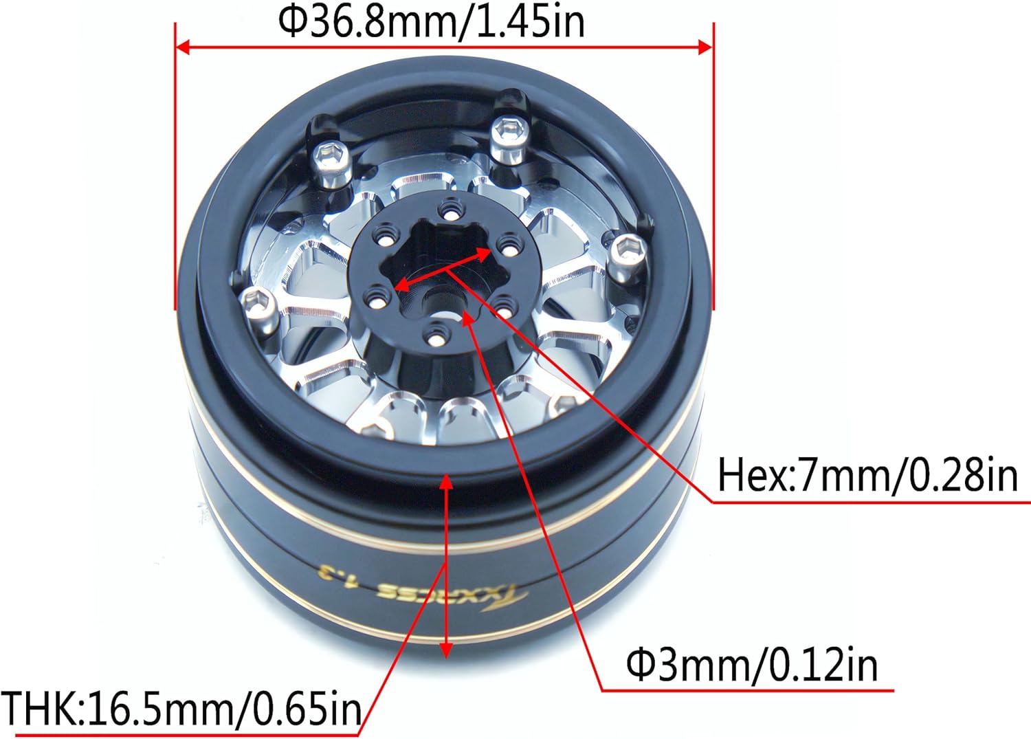 1.3 Beadlock Wheels & Brass Ring Weight 46.5g Adjustable Offset-3mm 1.3 wheels Hex 7mm for 1/18 1/24 RC Crawlers Upgrade 4Pc TF (Silver Black)