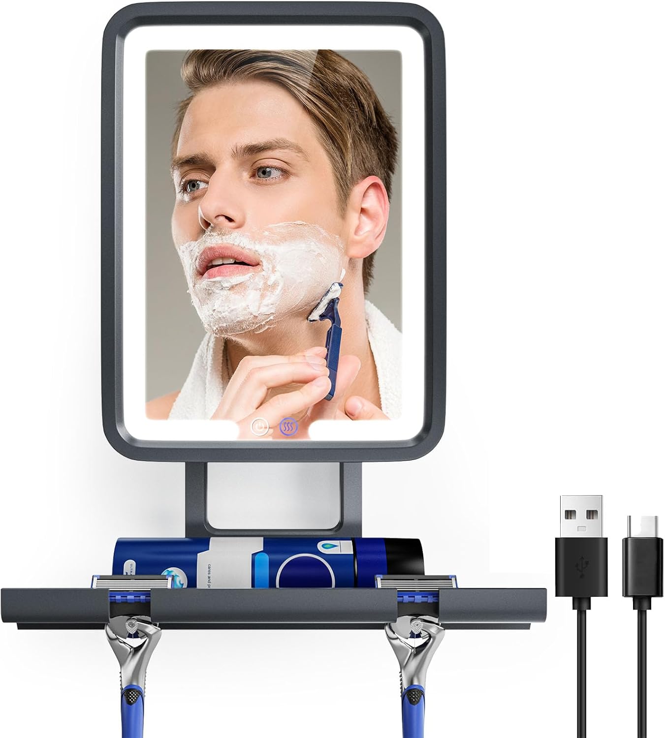 Product image of Shower Mirror Fogless for Shaving, Anti Fog Bathroom Mirror with Light, Heated Fog Free Shaving Mirror, 5000mAh Rechargeable Battery with 2 Razor Holders & Storage Tray, 3-Color Dimmable