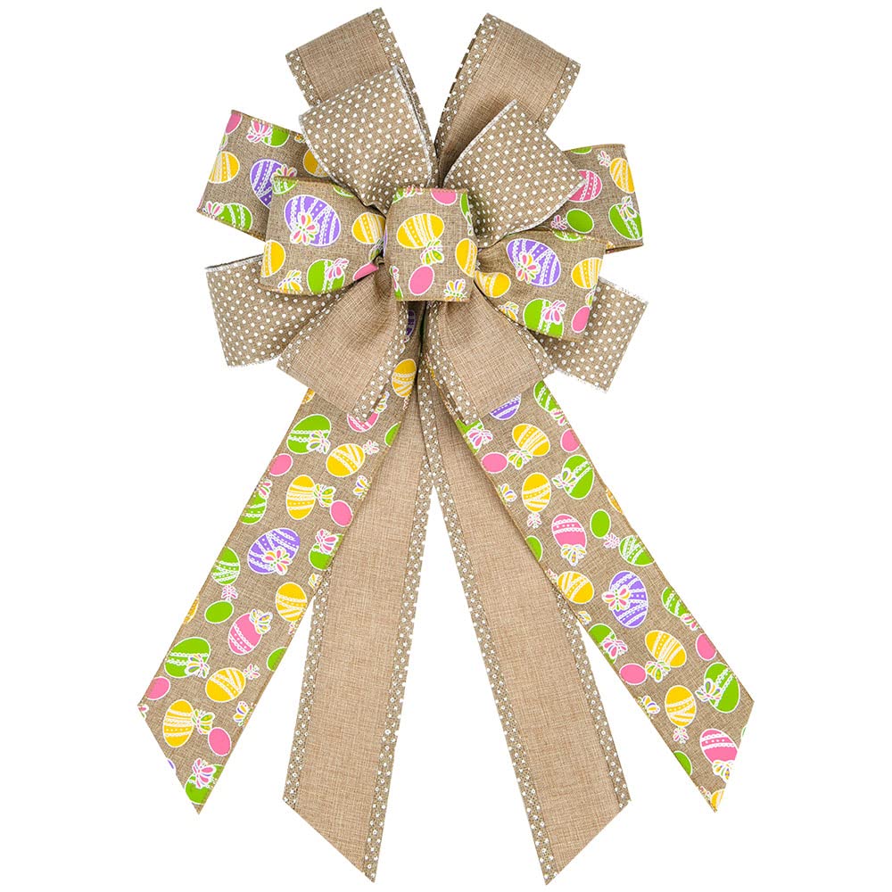 Estivaux Large Easter Wreath Bows for Front Door Decorations, Flaxen Burlap Bows Holiday Bow Easter Decorations Rabbits Bunny Bows for Wreath Wall