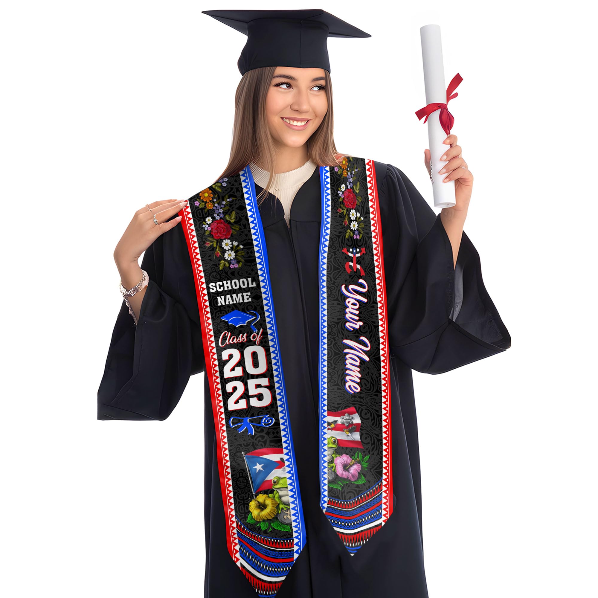 Personalized Puerto Rican Graduation Stole 2025, USA Puerto Rico Flag Sash, Serape Estolas de Graduación Bandana Stoles