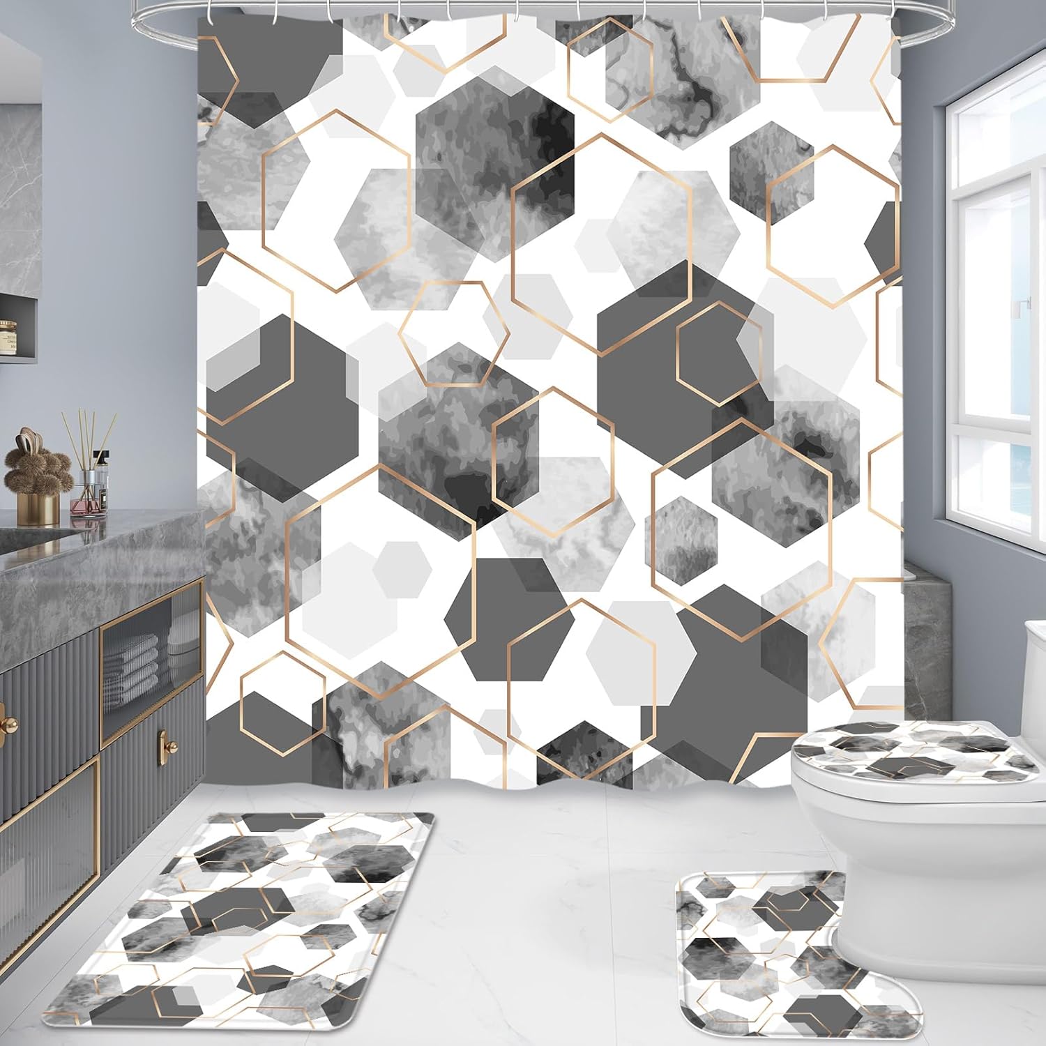 Litabel 4 Pcs Grey Modern Geometric Shower Curtain Set with Non-Slip Rugs, Toilet Lid Cover and Bath Mat, Gray Abstract Bathroom Decor Set with Shower Curtain and Rugs