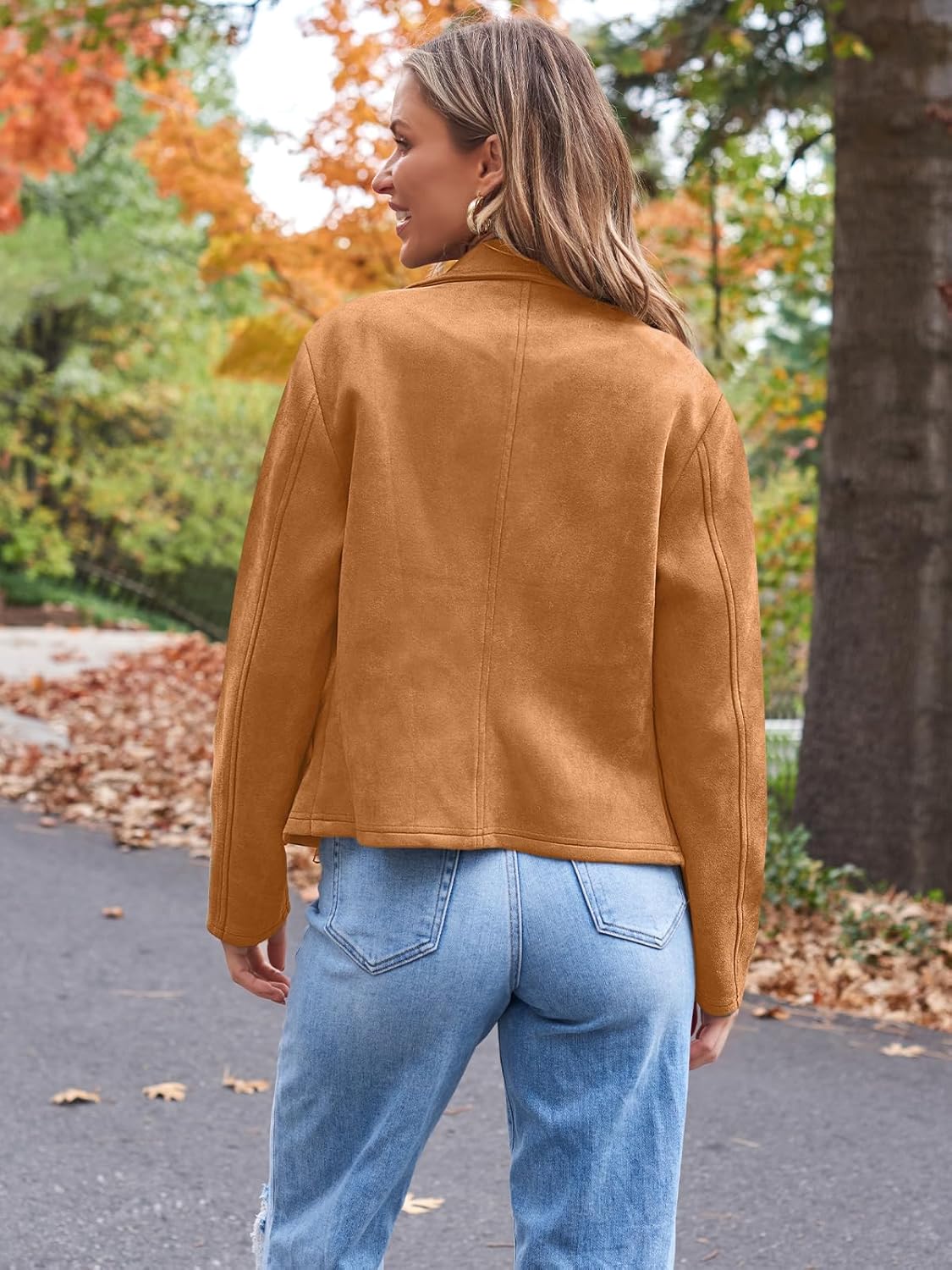 AUTOMET Women‘s Faux Suede Leather Jacket, Cropped Open Front Coat for Fall Winter Spring, Cardigan Style - Image 6