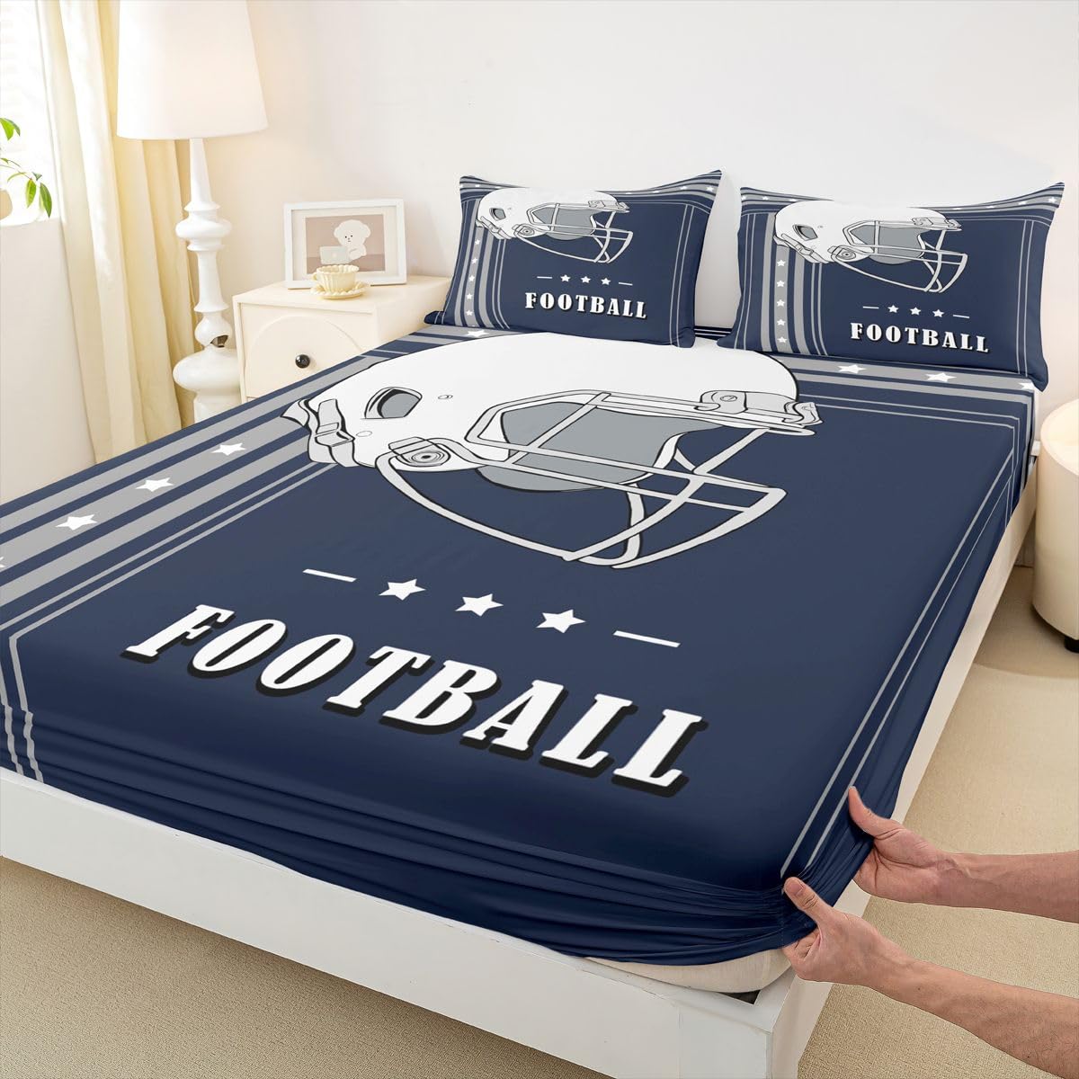 Football City Fitted Sheet Gridiron Lover Bedding Set Gifts for Boys Girls Bedroom, Sports Ball Game Bed Sheets Navy Blue Grey Striped Stars Sheets