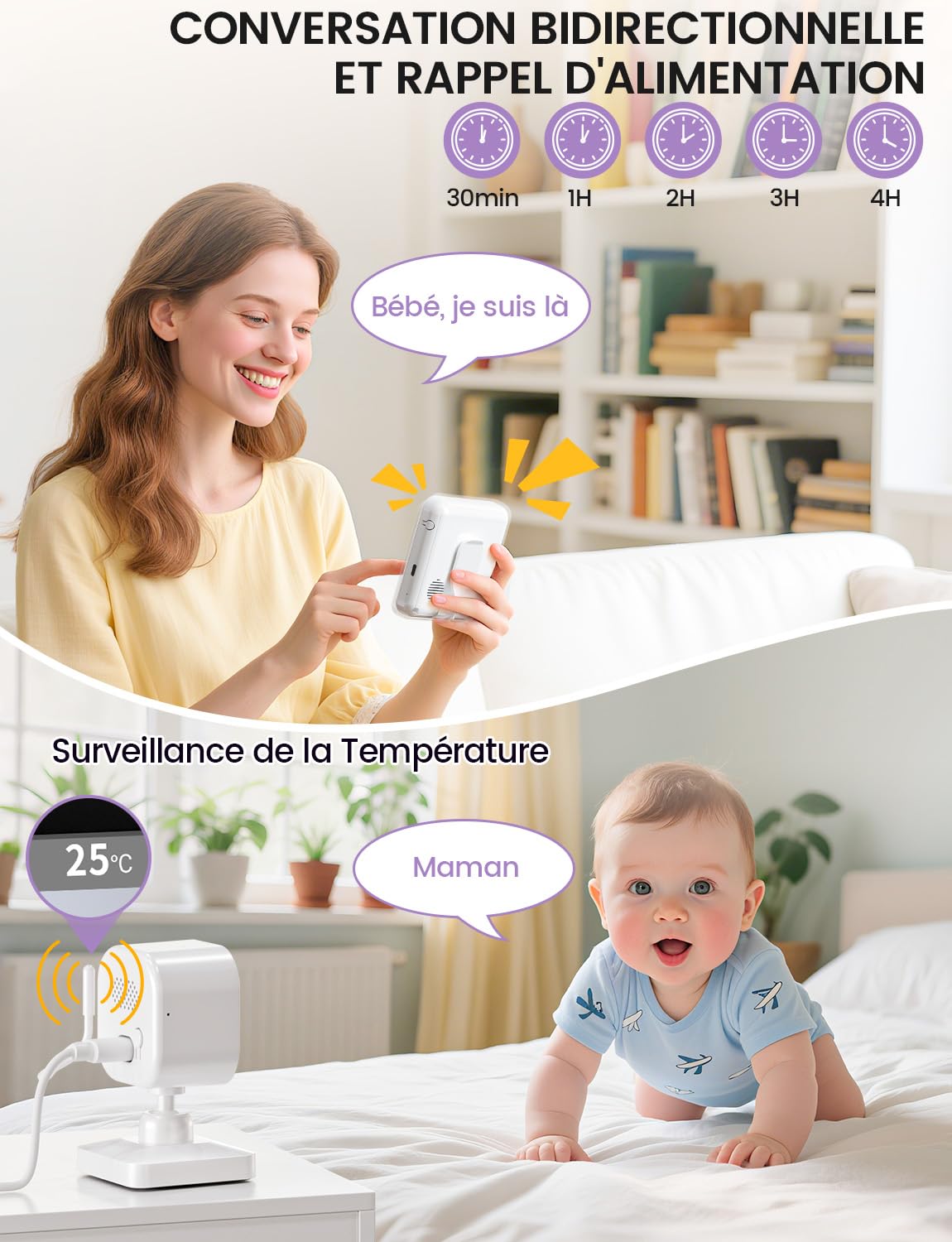 OBVHNUA Babyphone Caméra Bébé avec Écran IPS 2,8 Pouces Babyphone Vidéo sans WiFi ni App Batterie 2000mAh VOX Vision Nocturne Audio Bidirectionnel Surveillance de la Température Zoom 2X/4X