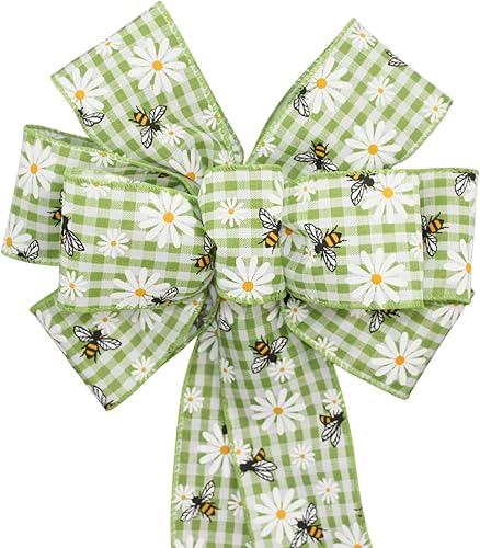 Bumblebee Daisy Green Gingham Spring Wreath Bow with Size Options