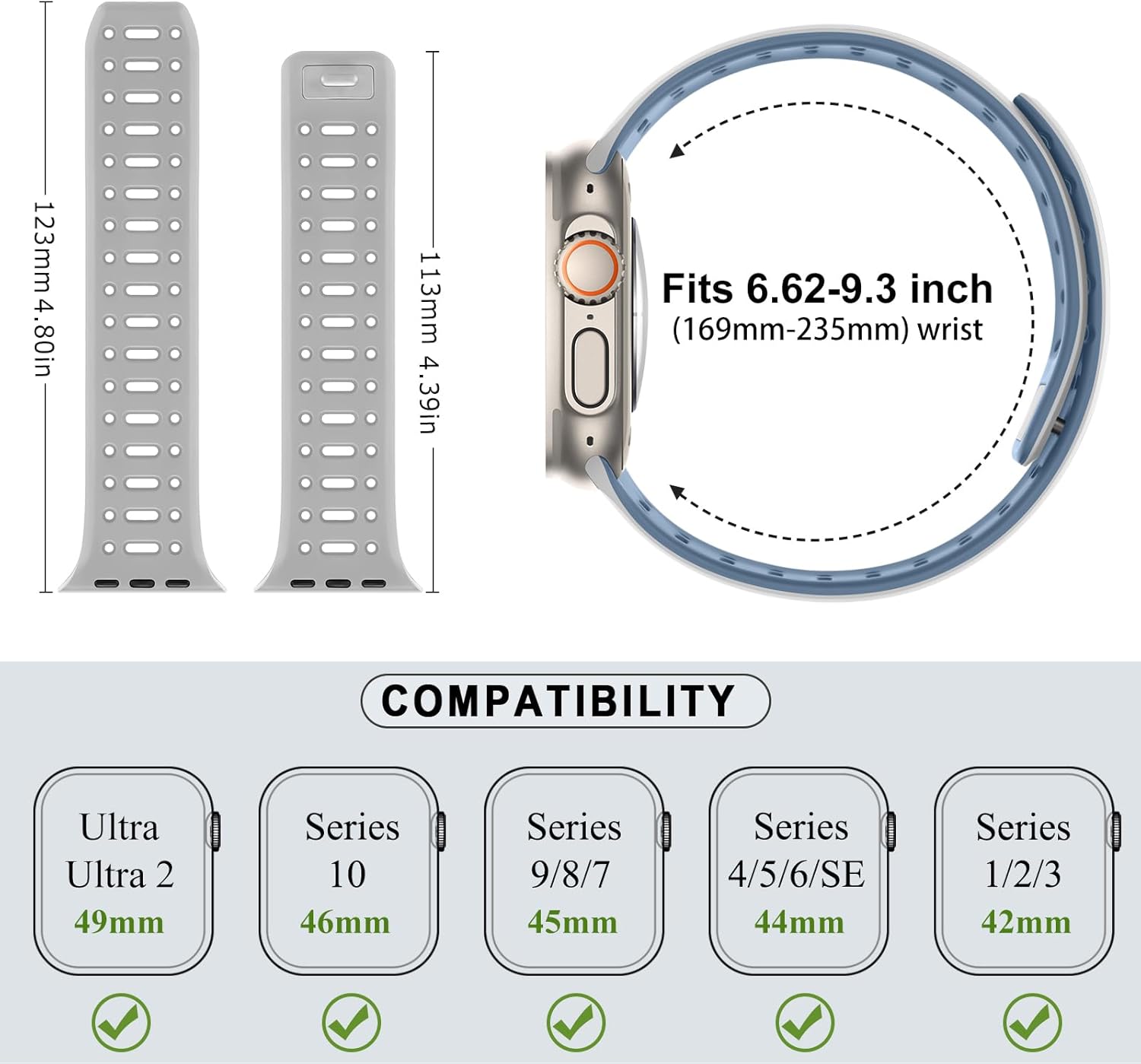 Amizee Compatible with Apple Watch Band 49/46/45/44/42/41/40/38mm Men, Silicone Breathable Magnetic Strap for iWatch Ultra 3/2/1 Series 11 10 9 8 7 6 5 4 SE3/2/1 (49/46/45/44/42mm, Gray Blue) - Image 6