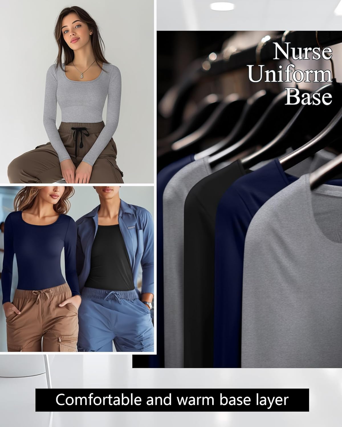 Neer 3 Pack Women's Long Sleeve Underscrub Shirts Scoop Neck Soft Scrub Undershirts for Nurse Basic Stretchy Layering Tops - Image 2