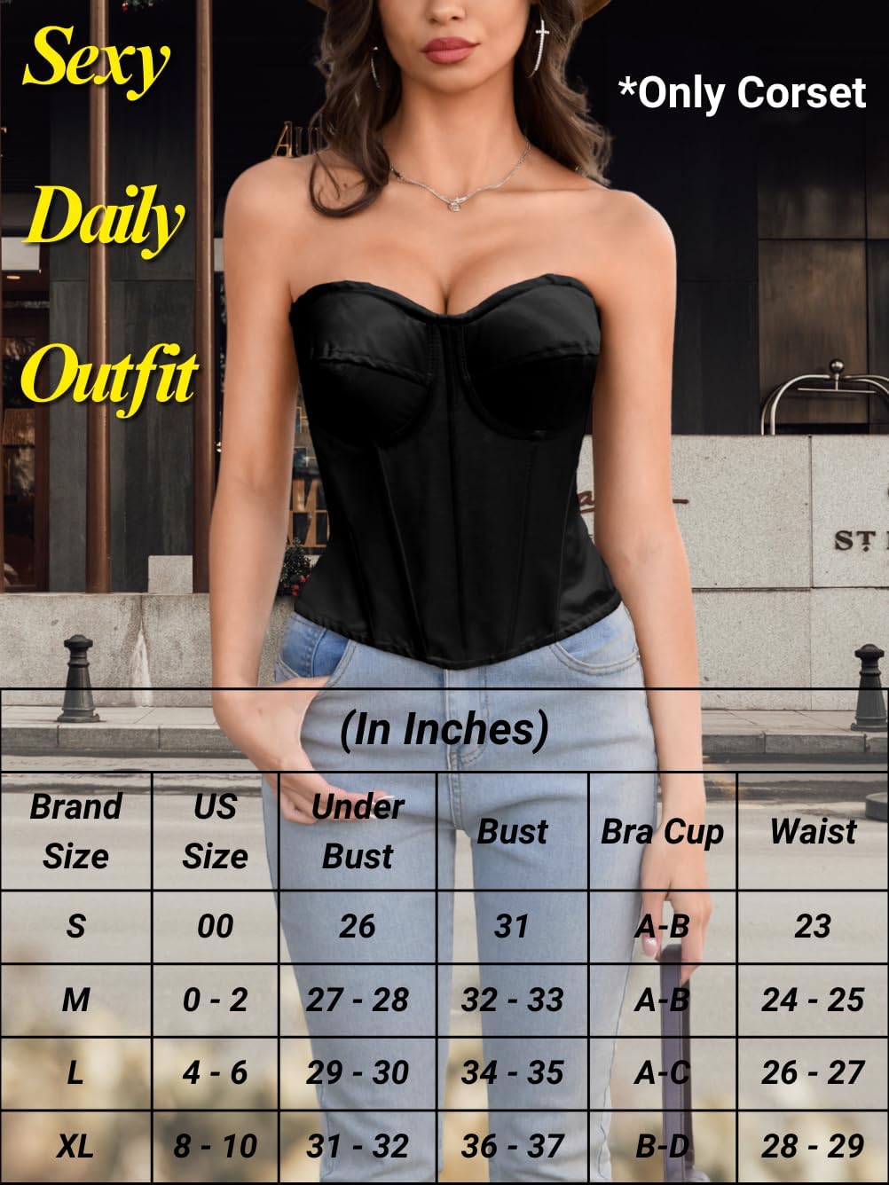 ChiaoLezhee Womens Sexy Corset with 2 Straps (Wide & Thin), Boned Underwire Zipper, Overbust Bustier Rave Tube Top Size 00-10