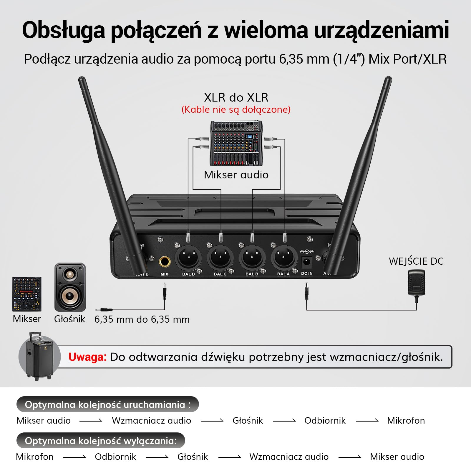 Bezprzewodowy zestaw mikrofonowy TONOR UHF z mikrofonem ręcznym/nadajnikiem typu bodypack/bezprzewodowym mikrofonem typu lavalier, 4 x 5 częstotliwości, zasięg 60 m Karaoke TW362