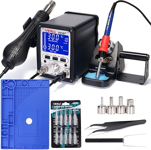 YIHUA Paquete de estación de soldadura y retrabajo profesional 995D+ con el paquete de alfombrillas de reparación electrónica M180 de 17.32 x 12.20