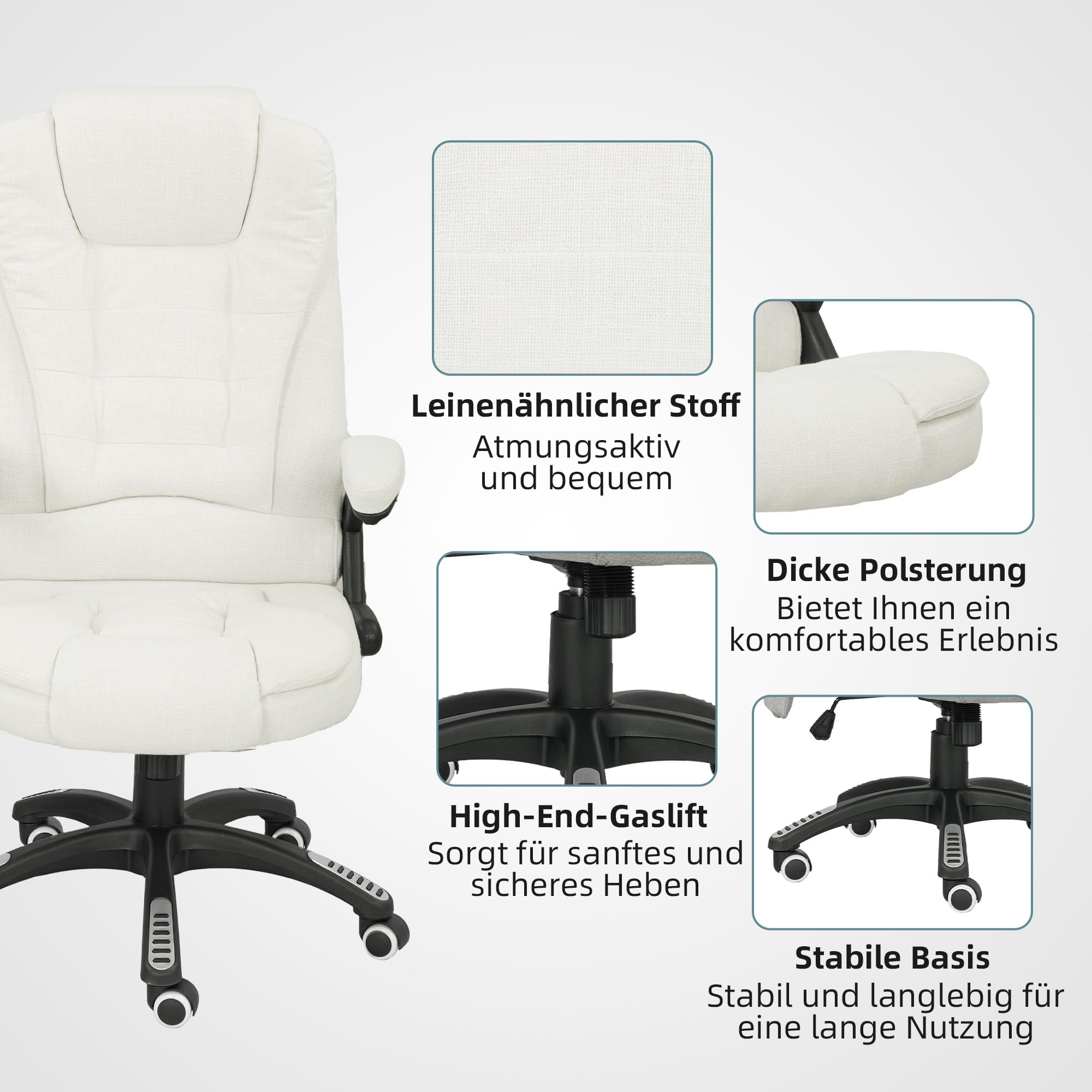 Vinsetto Bürostuhl mit Massagefunktion Ergonomischer Chefsessel mit Heizfunktion, Liegefunktion, Wippfunktion Höhenverstellbar 360° Drehbar Computerstuhl mit Seitentasche, Leinenoptik, Cremeweiß