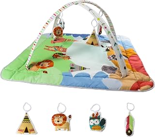 Mostop Baby Gym Play Mat with 4 Toys for Sensory and Motor Skill Development Language Discovery, 3 in 1 Large Size Baby Gym Activity Center for Tummy Time Washable Mat Covers Baby Activity Play Mat