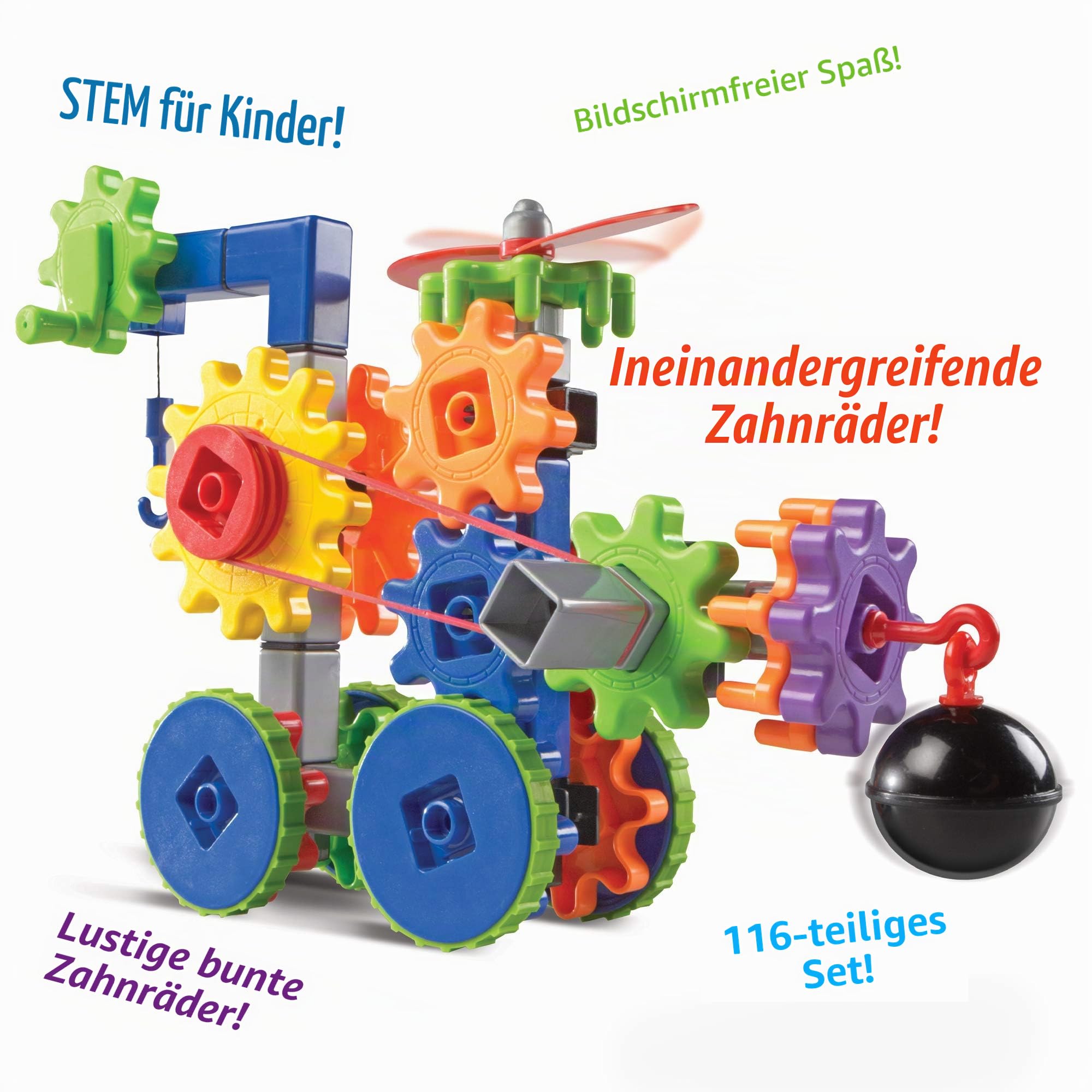 Learning Resources Gears! Gears! Gears! Maschinen in Bewegung, ab 5 Jahren, Mint-Konzepte, Kreativität und Feinmotorik fördern, 116 Bauteile, Zahnräder, Propeller, Umlenkrollen