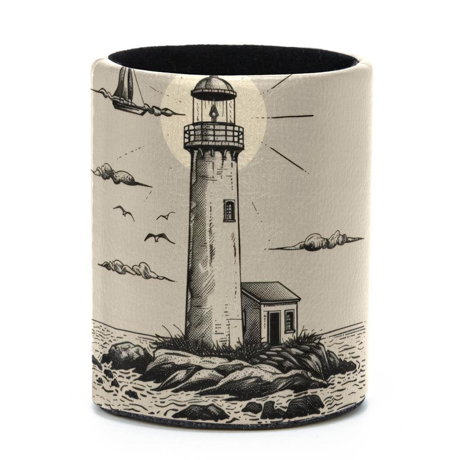 VAPOKF Round Pencil Holders for Desk, Retro Ocean Lighthouse Pen Holders Pen Pot Makeup Brushes Storage Desktop Stationery Supplies Organiser for Home Office