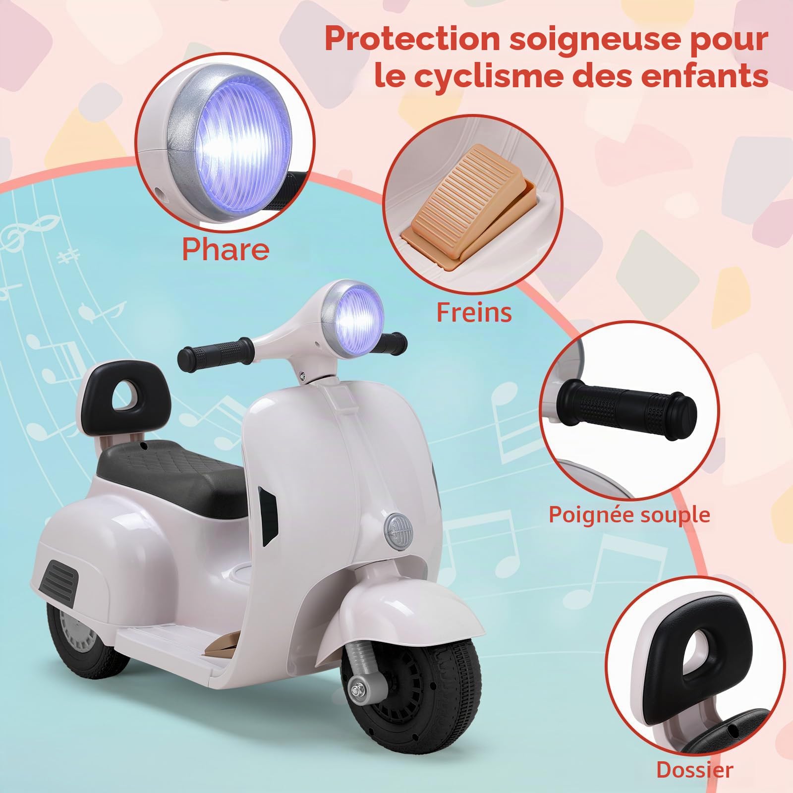 MAMIZO Moto Électrique pour Enfants 6V, Moto Électrique à 3 Roues, Marche Avant et arrière, avec Dossier, Phare, USB, pédale, Musique, 72 x 56 x 37 cm, 2km/h, Max 20kg, pour Enfants de 3-6 Ans, Blanc
