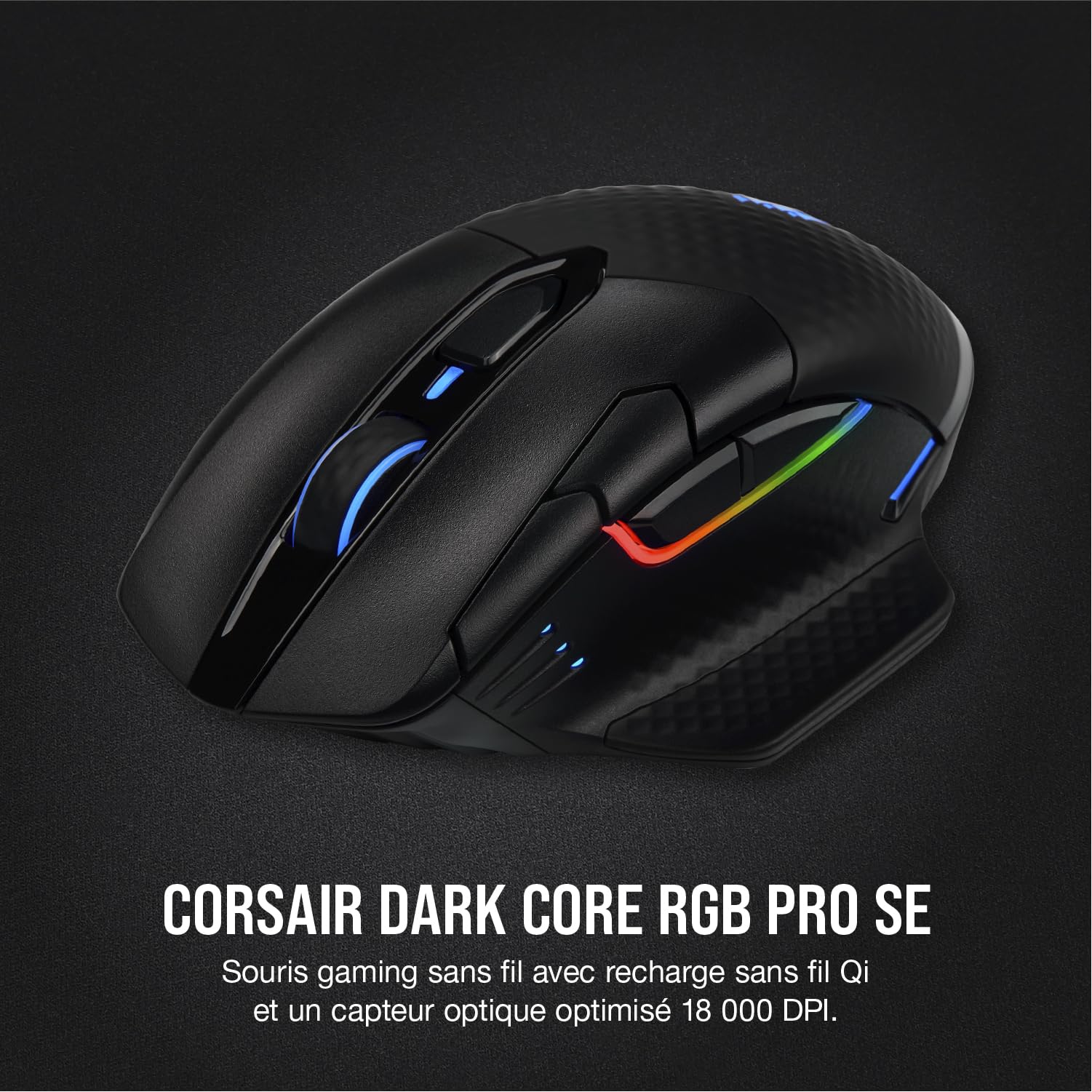 Corsair DARK CORE RGB PRO SE Souris gaming sans fil FPS/MOBA (Technologie SLIPSTREAM WIRELESS, Rétroéclairée RGB LED, 18 000 DPI Certifiée Charge sans fil Qi) Noir