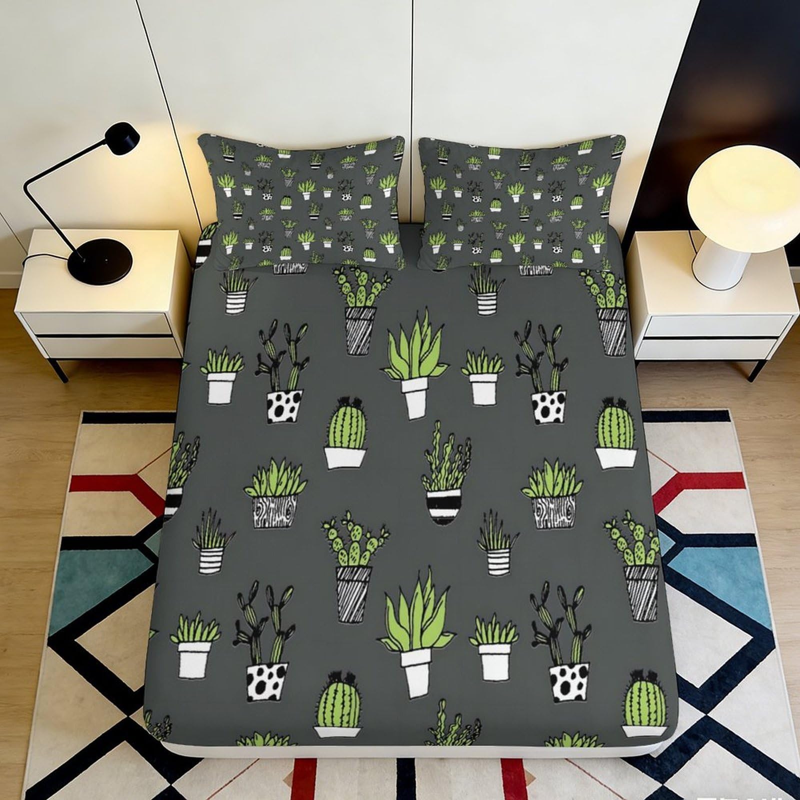 3D Printed Green Succulent Cactus Fitted Sheet Microfiber Soft Mattress Cover Grey Plant Pattern for Bedroom Guest Room 90x200x25cm