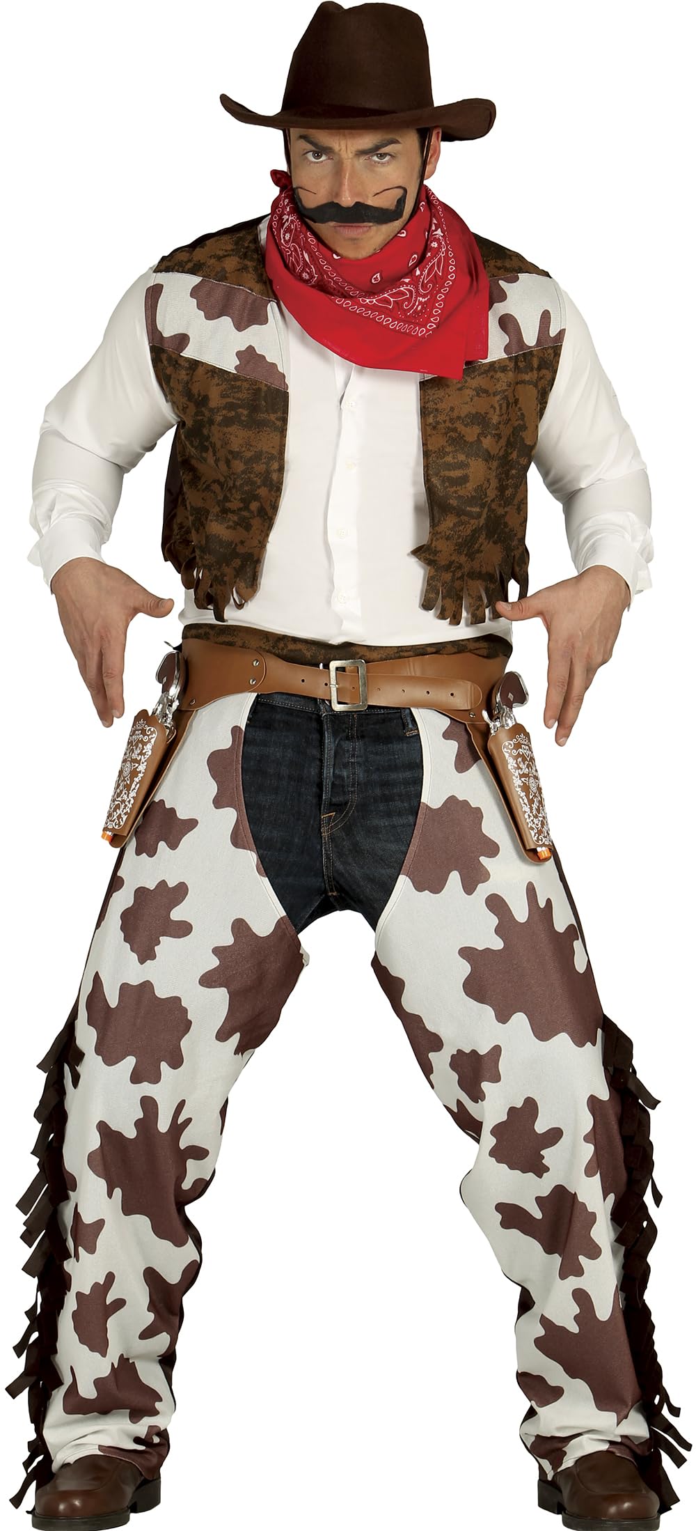 FIESTAS GUIRCA | Adult Cowboy Fancy Dress (44-46/XXL) - Waistcoat, Chaps and Bandana - Wild West, Texas and Cowboy Costumes for Halloween, Carnival and Fancy Dress Parties - Brown and White