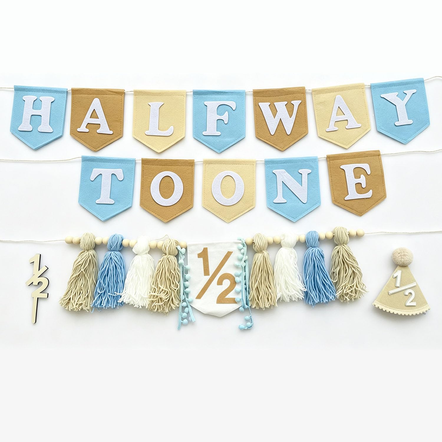 1st Birthday Highchair Banner Decorations For First Boys Khaki Cone Hat With One Cake Topper Photo Backdrop (Kahaki Half 6)