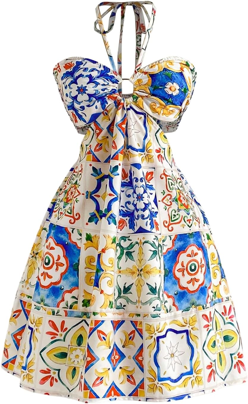 Floerns Women's Floral Halter Neck Vacation Dress Sleeveless Cut Out Boho Cami Dress