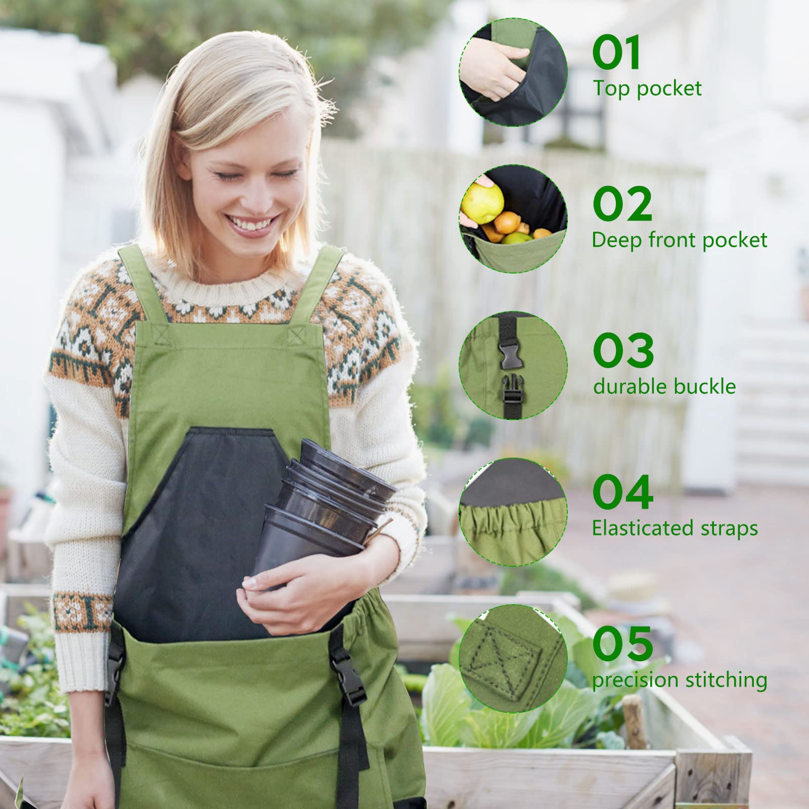 mumisuto Delantal de jardinería, delantal de cocina de jardín con bolsillos, delantal de cosecha, delantal de trabajo de jardín, delantal impermeable para hombres, mujeres, verde