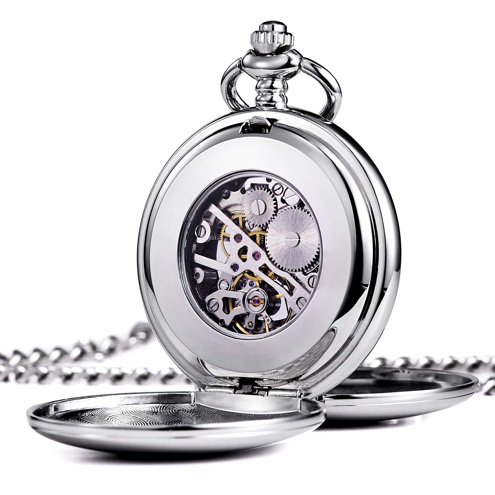 TREEWETO Pocket Watch - Smooth Double Case Series Skeleton Dial Delicate Mechanical Movement with Chain, Gold/Silver