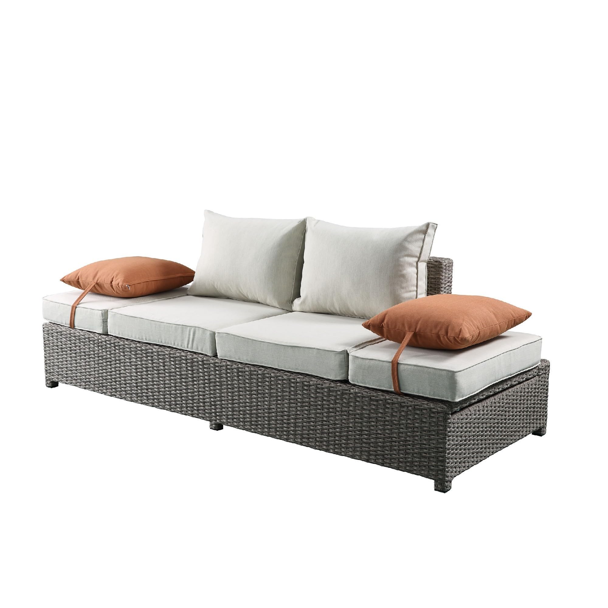 Benjara BM186069 Resin Wicker and Aluminum Patio Sofa and Ottoman with 2 Pillows, Beige