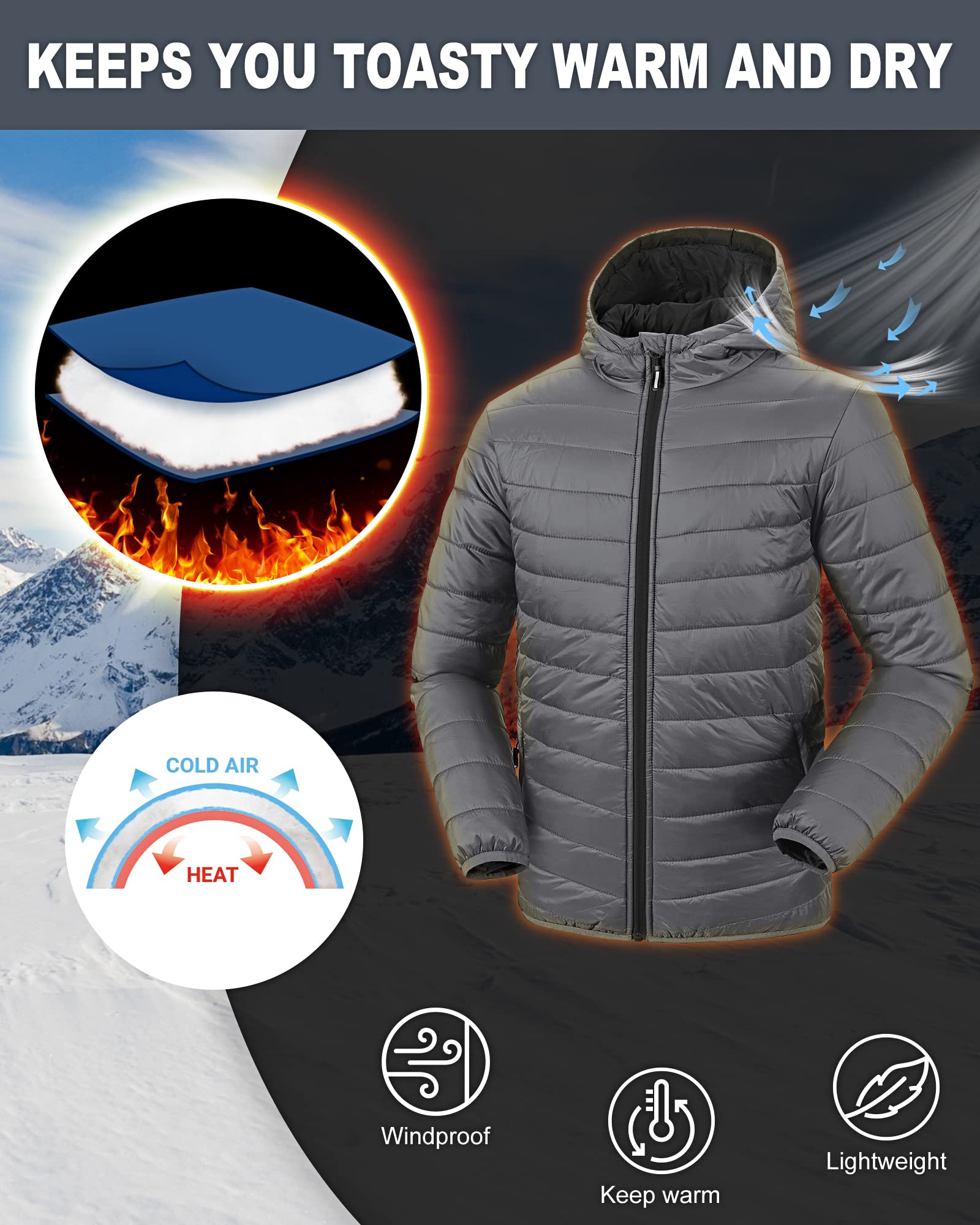 Outdoor Ventures Herren-Pufferjacke Leichte Wasserdichte Kapuzenjacke Isolierter Puffmantel Verstaubare Winterjacke für Herren mit Taschen Zum Wandern Camping Reisen