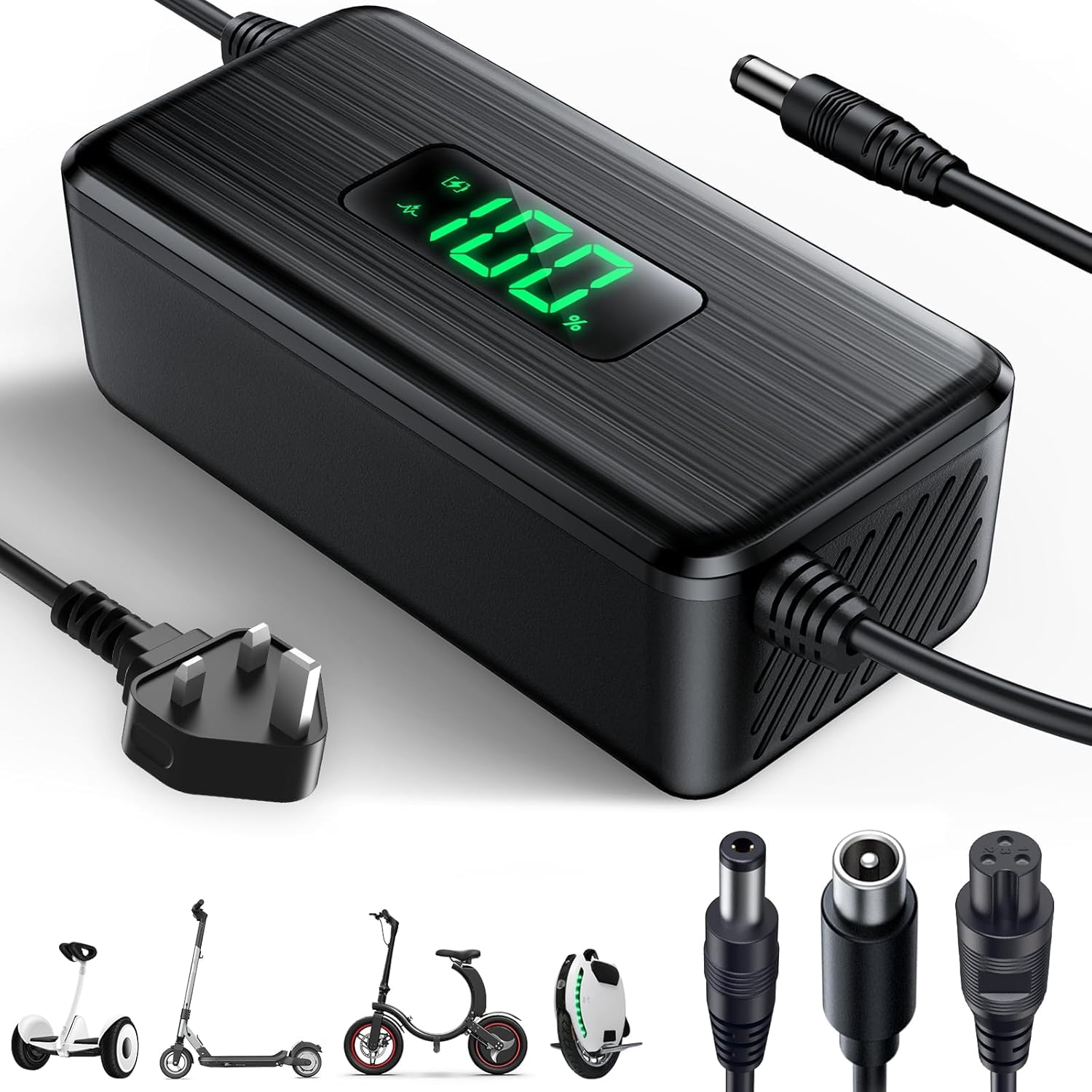 42V 2A Electric Scooter Charger with LED Charging Display (1-100%), for Hoverboard with 4 Connectors, UK Universal Charger for All 36V Batteries, 6 Layer Protection, for N-inebot, Xiaomi
