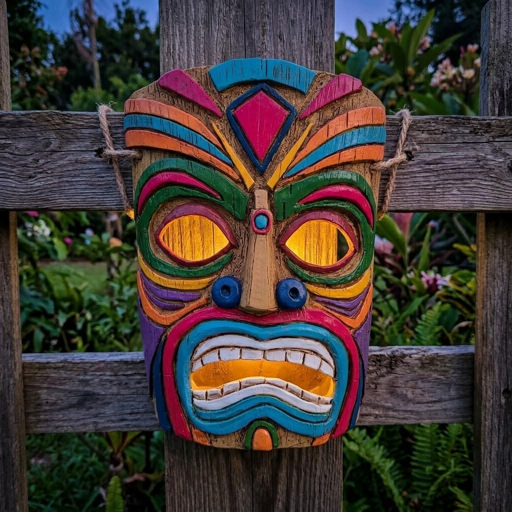 Bloomingtons Direct Solar Powered Tiki Wall Art Automatic ON/Off Illuminated Wall Mount Tiki Head Garden Decoration with Light Up Eyes Rechargeable Battery Automatic Dusk Activation Wall Sculpture