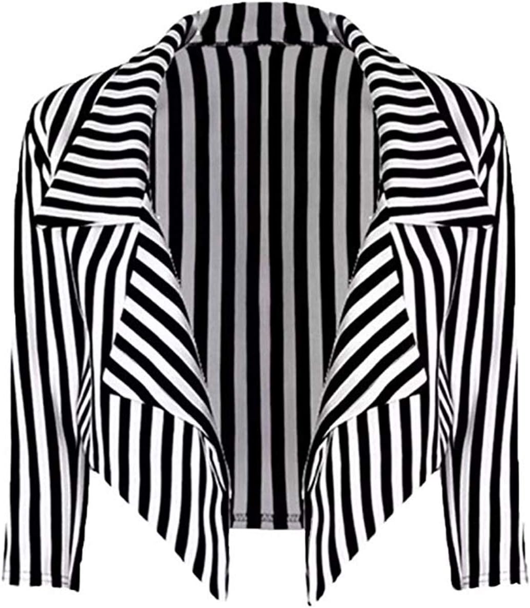 Loxdonz Women's Classic ¾ Sleeves Open Front Stripes Cropped Waterfall Crop Blazer Jacket Coat Cardigan