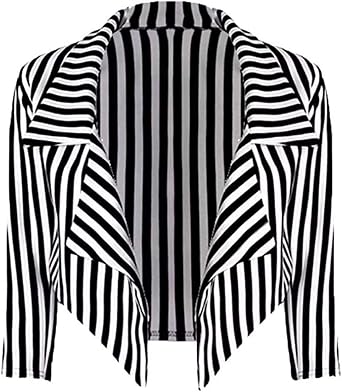 Loxdonz Womens Classic 34 Sleeves Open Front Stripes Cropped Waterfall Crop Blazer Jacket Coat Cardigan