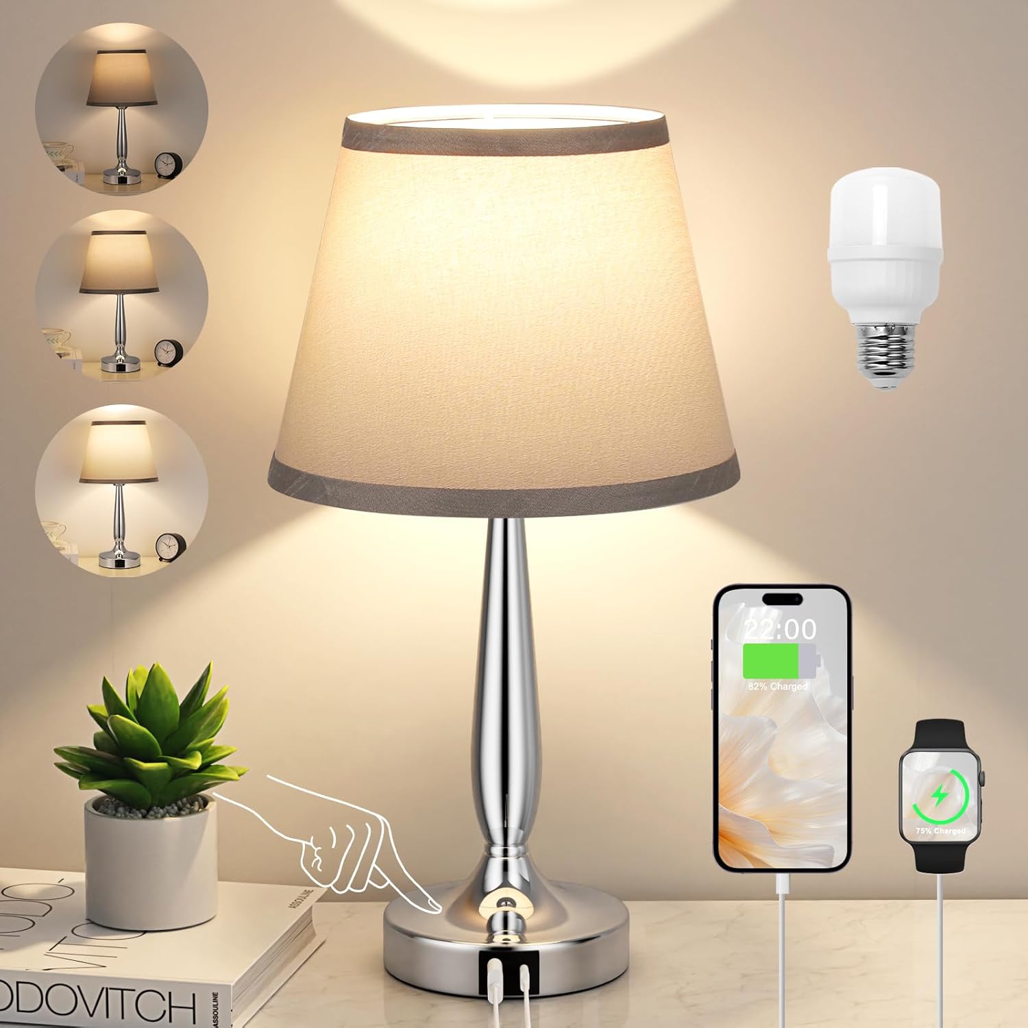 Kakanuo Touch Table Lamp for Bedroom, Small Bedside Lamp with USB C Charging Port, 3 Way Dimmable Touch Control Nightstand Lamp for Living Room and Office, Gray Shade and Silver Base Gray Shade+Silver Base