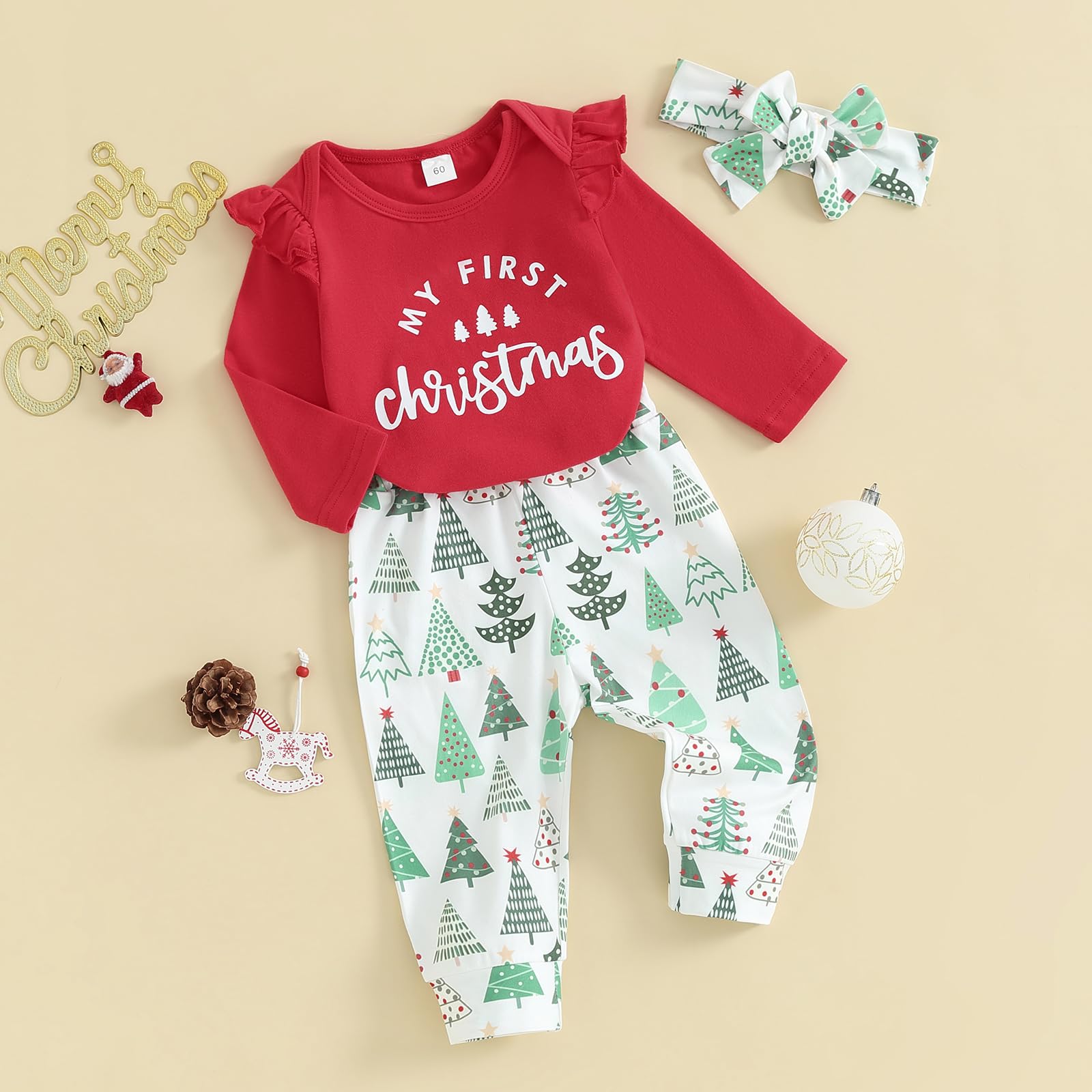 FYBITBO My First Christmas Baby Girl Boy Outfit Long Sleeve Romper Onesie Top+Pants+Headband Fall Winter Clothes (My 1st Christmas tree,3-6 Months)