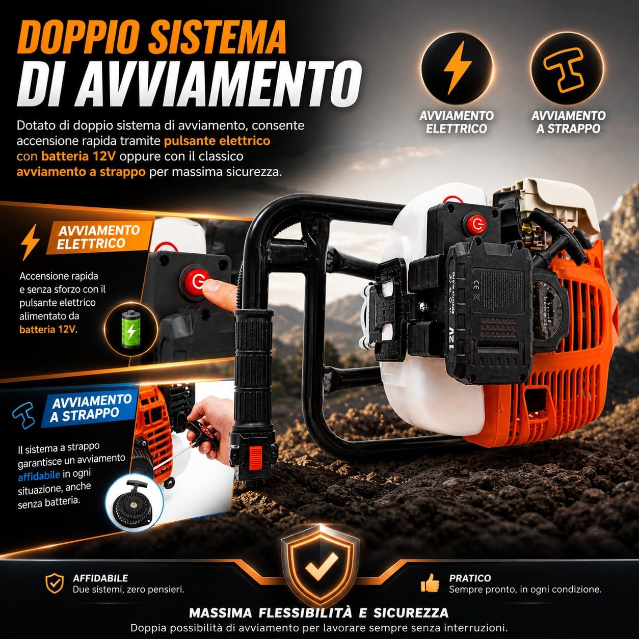 Mototrivella a Scoppio 52cc 1.45kW 7500RPM Avviamento Facile Elettrico + Manuale con 3 Punte intercambiabili da Ø 100, 150, 200 mm Trivella da Giardino e campi, Utilizzo Professionale e Fai da