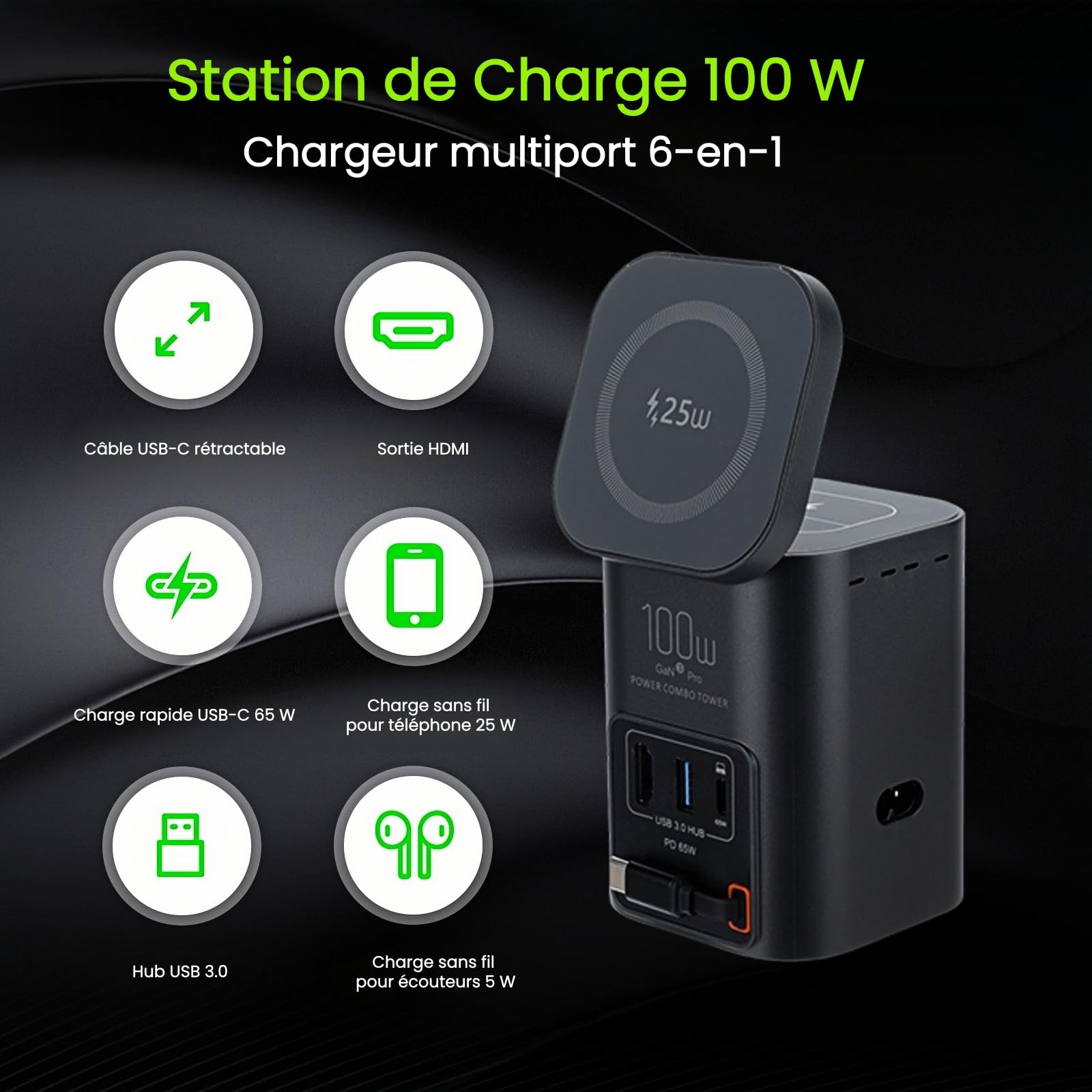 Tour de Charge 6 en 1, Station de Charge GaN 100W avec Chargeur sans Fil Qi2.2 25W, Câble USB-C Rétractable 65W, Port USB-C 65W, HDTV 2.1 8K et Hub USB 3.0