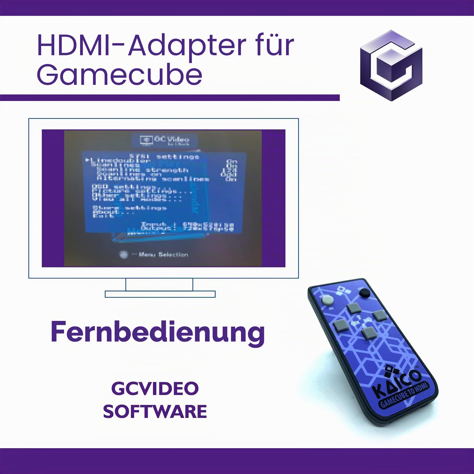 Kaico Gamecube HDMI Adapter for Nintendo Gamecube DOL-001 with GCVideo | Uses GCVideo with 2x line doubling, scanline options, pure digital output, remote control, and no external power