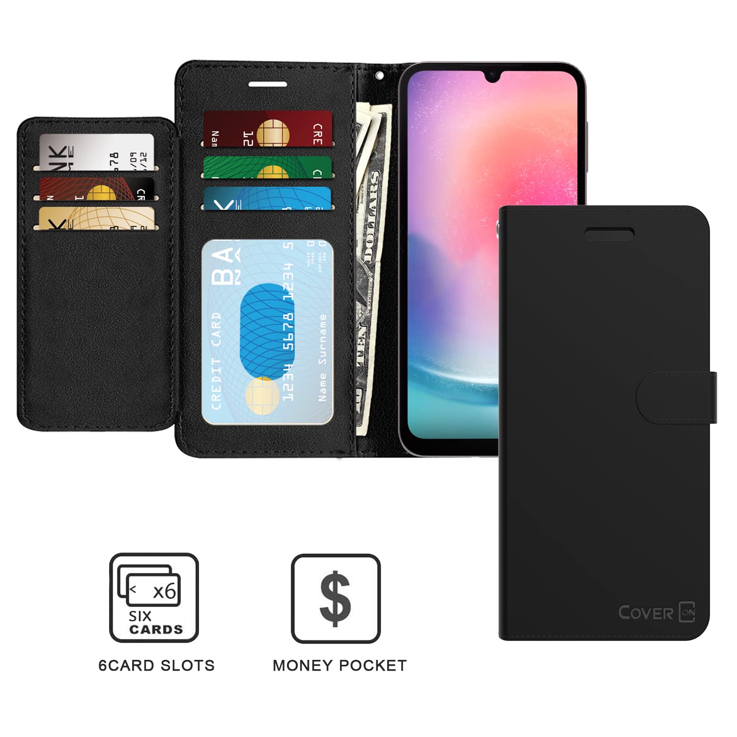 CoverON Pouch for Samsung Galaxy A24 Wallet Case, RFID Blocking Flip Folio Stand Vegan Leather Phone Cover Carrying Sleeve 6 Credit Card Holder Clutch Fit Samsung Galaxy A24 Case - Black