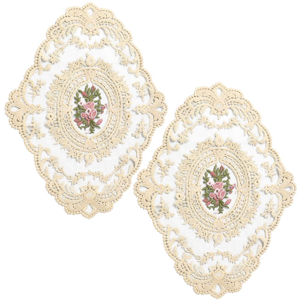 CREATCABIN 2Pcs Retro Lace Placement Embroidered Crochet Placement French Style Lace Mat Vintage Lace Mat Crochet Doily Cup Coaster Cotton Bouquet Hollow Coffee Vase for Dinner Kitchen, Beige