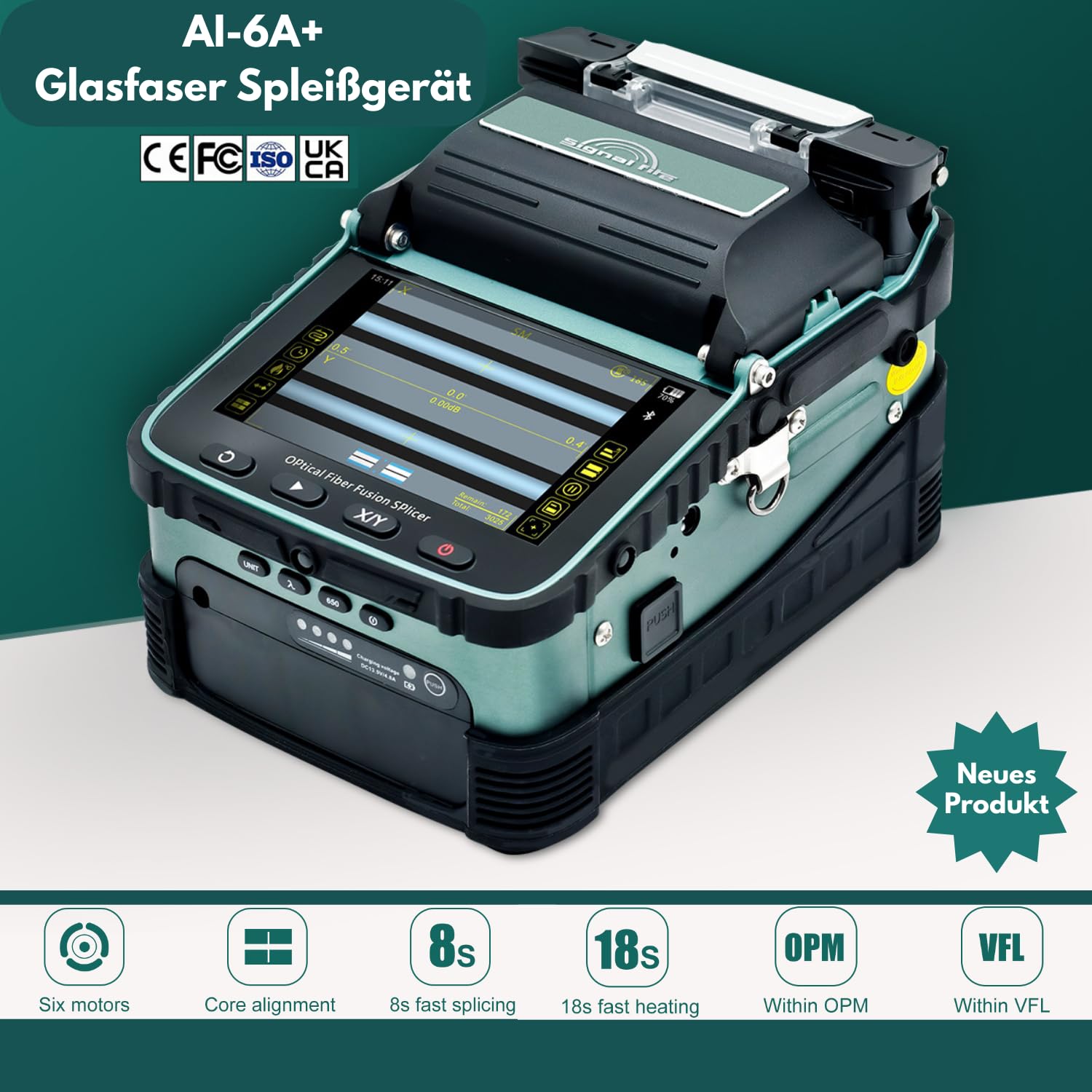 Neues Modell AI-6A+ Fusion Splicer Glasfaser Spleißgerät Automatisches LWL Fusionsspleißgerät-Kit Kernausrichtung mit 6 Motoren 8s Spleißen 18s Aufheizen