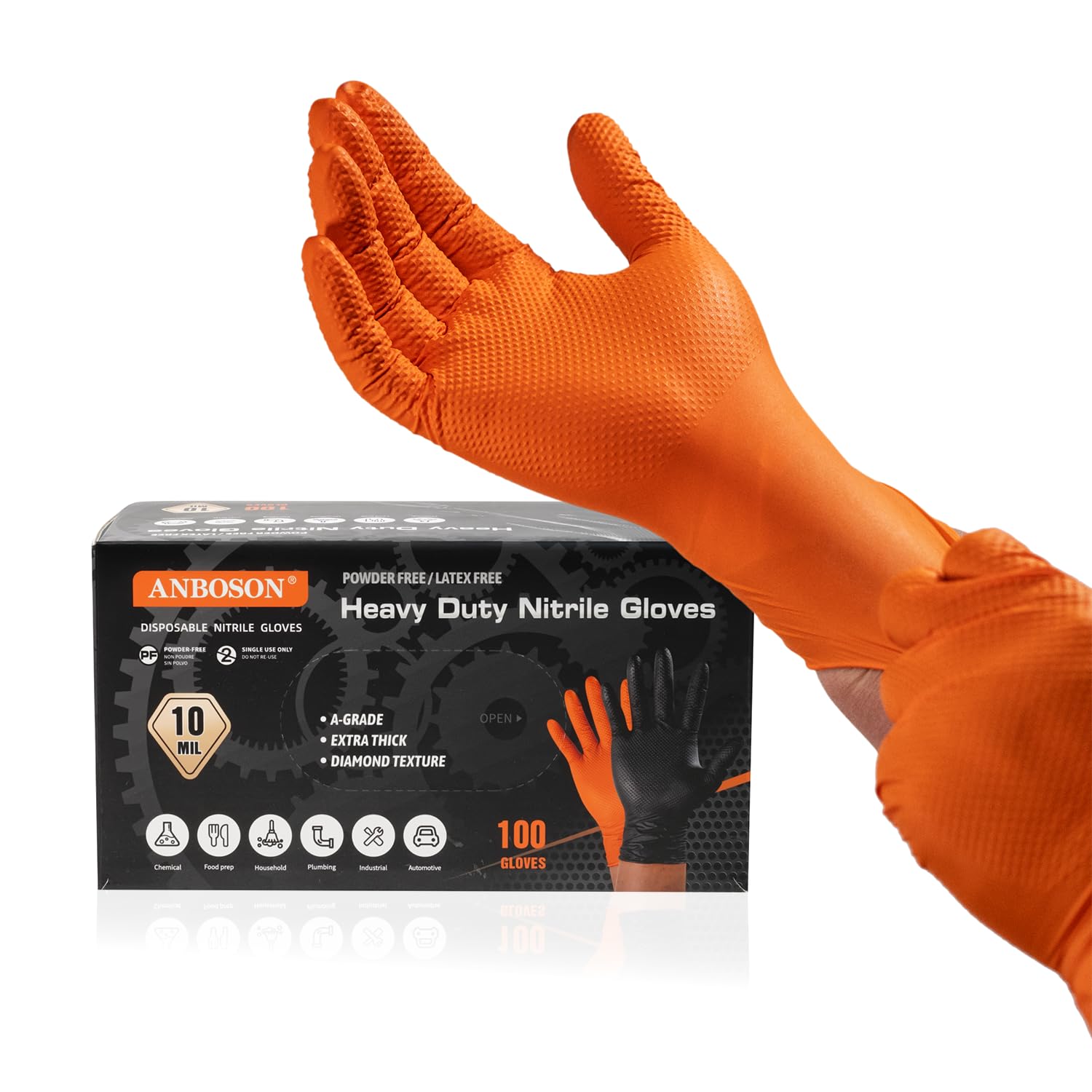 10 Mil Nitrile Disposable Gloves, Heavy Duty Mechanic Gloves Diamond  Texture, Latex Free Powder Free for Protection