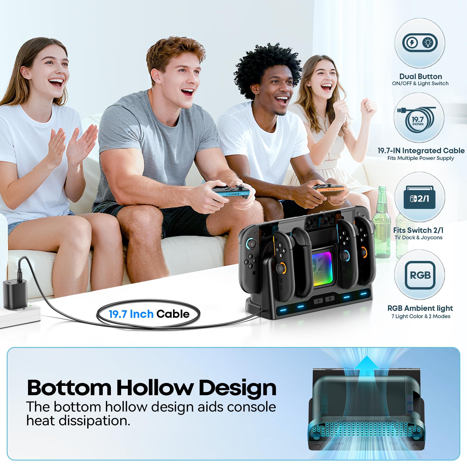 Base de Carga para Mandos Switch 2/SW/OLED, Cargador Joy-con para 4 Mandos NS, Magnética Soporte para Consola Switch, Accesorio Nintendo Switch con 9 Modos RGB & Cable de Carga