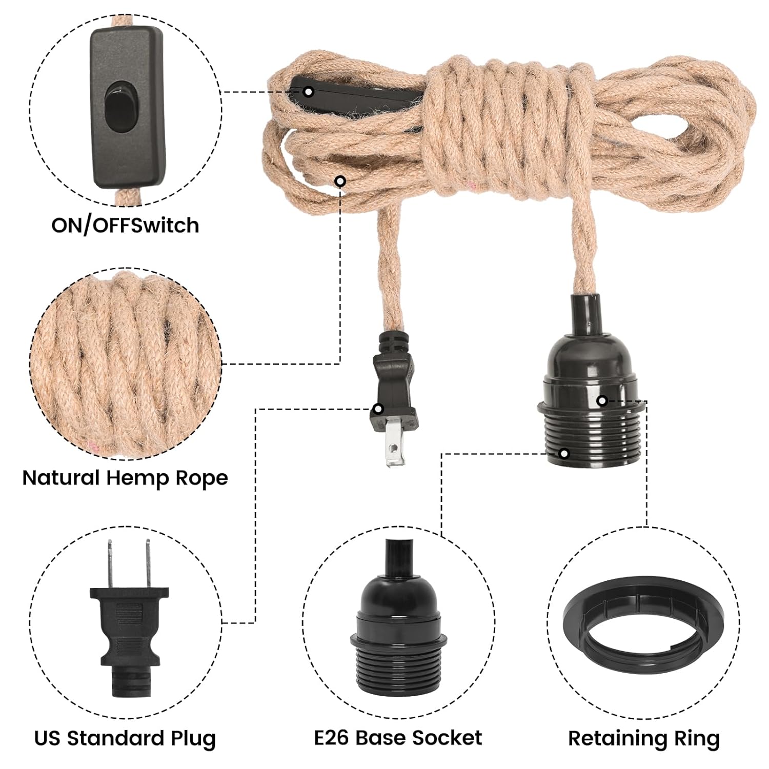 Plug in Pendant Light Cord, Industrial Hanging Light Kit with 15FT Hemp Rope, E26 E27 Light Socket Base for Hanging Lamp Kit, Hanging Light Cord with On/Off Switch, Ideal for Room Decor-2 Pack