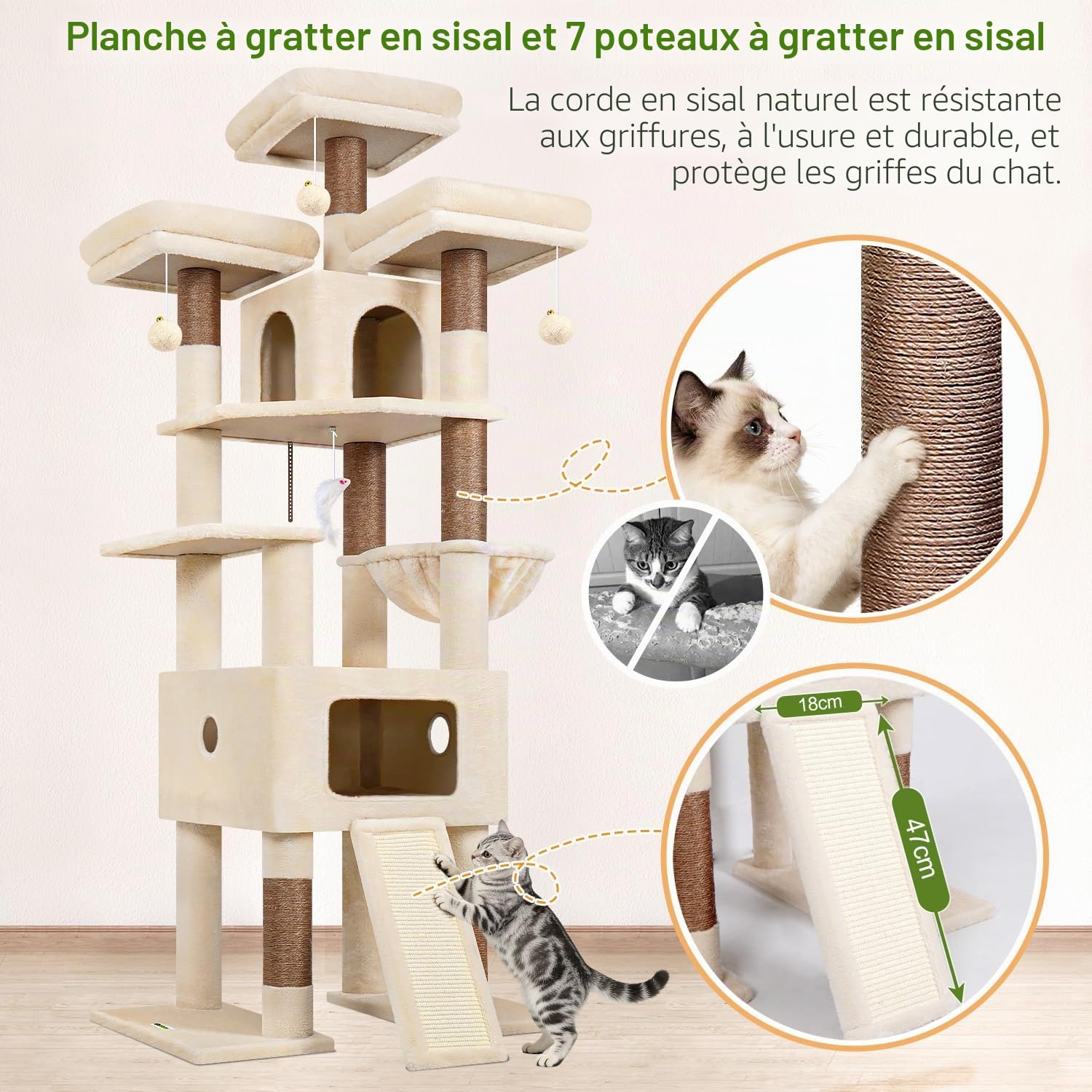 Globlazer Arbre à Chat Beige XXL pour Grand Chats 192cm avec Immense Niches 48*48*30CM, 3 Perchoirs Rembourré, Doux Panier, Planche Sisal, Arbres a Chat Stable pour 3-4 Chats Adulte Repos (F75, Beige)