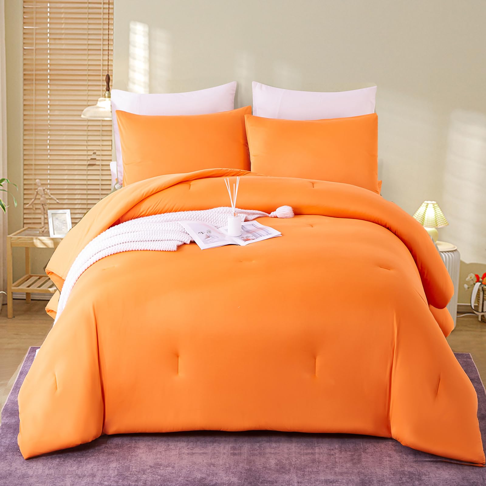 MorroMorn Comforter Set Queen Size, 4 Pieces All Season Bedding Comforters Sets, Soft Bed Set with 1 Down Alternative Duvet Insert 90×90 Inches, 2 Pillow Cases & 1 Fitted Sheet (Queen, Orange)