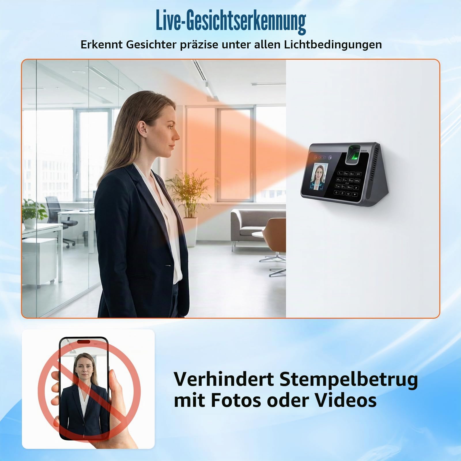 Zeiterfassung für Kleinbetriebe, 4-in-1 Innovatives Zeiterfassungsgerät mit Gesichtserkennung, Fingerabdruck, Palmvene & PIN, Biometrische Zeiterfassung mit USB-Export, Kein Netzwerk Erforderlich