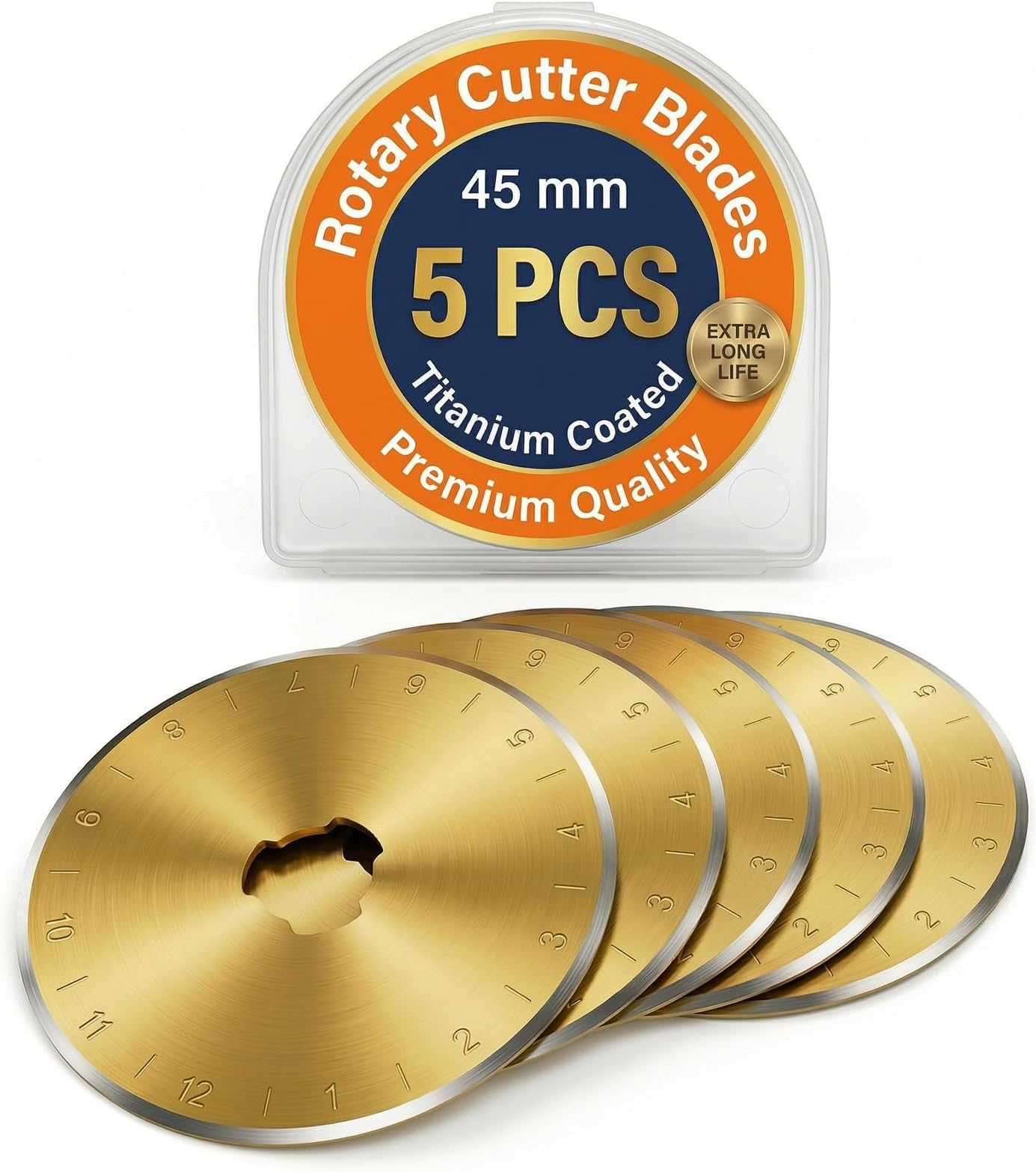5 Pack 45mm Rotary Cutter Blades Titanium Coated, Universal Circular Cutting Replacement for Fabric, Sewing, Quilting, Leather & Paper, Compatible with Olfa and Fiskars, Sharp and Durable