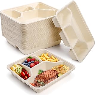 TOPZEA 50 Pack 4 Compartment Disposable Paper Plates, 9.4"x 8.6" Compostable Deep Divided Plates Heavy Duty Bagasse School Lunch Tray, Sugarcane Sectional Plate Food Containers for Dinner Buffet Party