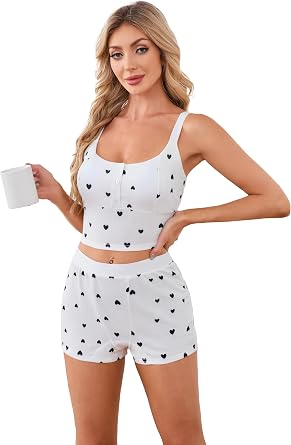 Womens Pajama Set 2 Piece, Printed Cropped Tank Top with Button Front & Elastic Waist Shorts, Cute Sleepwear Set