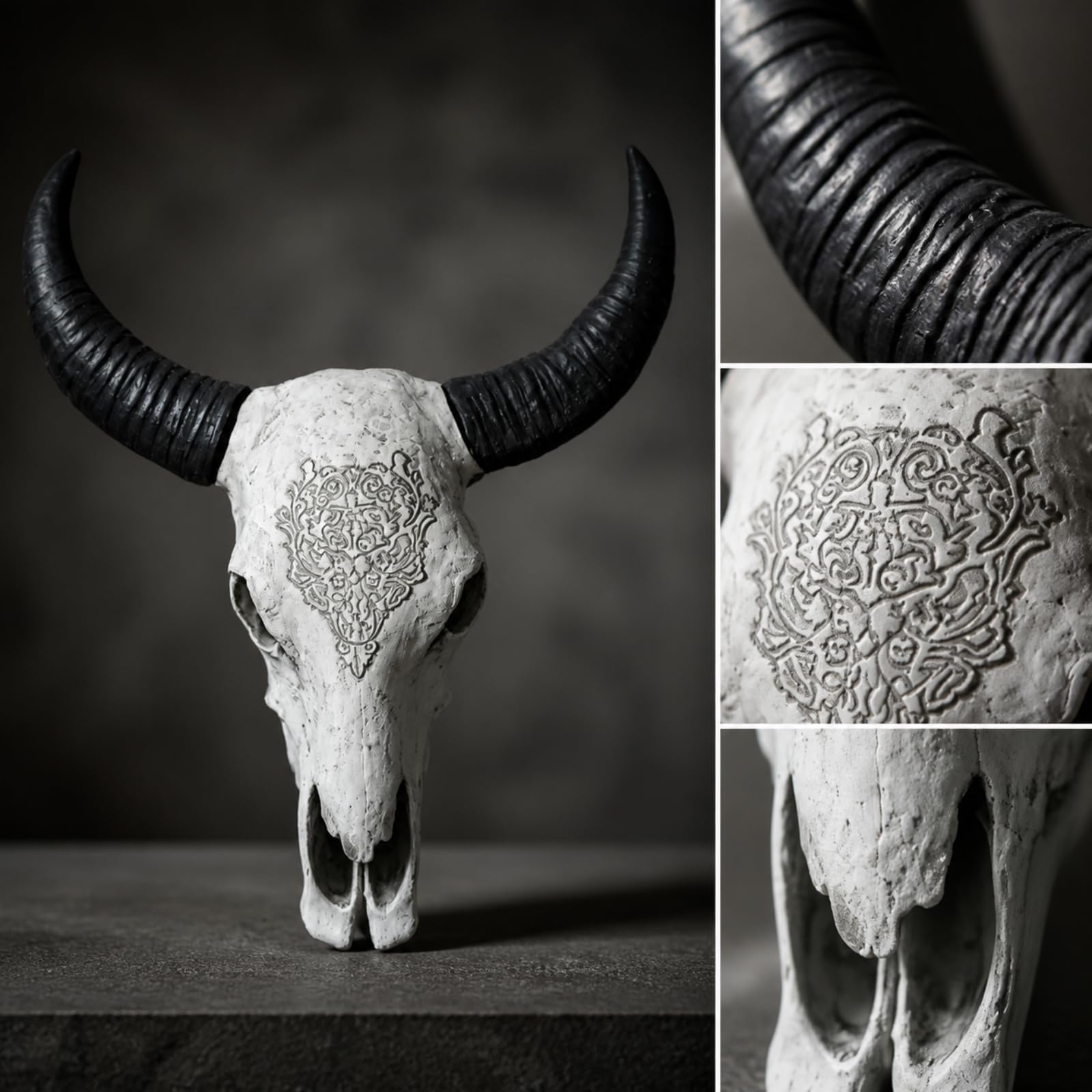 Baoblaze Teschio di Decorativo da Parete in Resina Effetto Invecchiato Teschio di Simulato da Parete Scultoreo Appeso Appendici Lunghe Curve